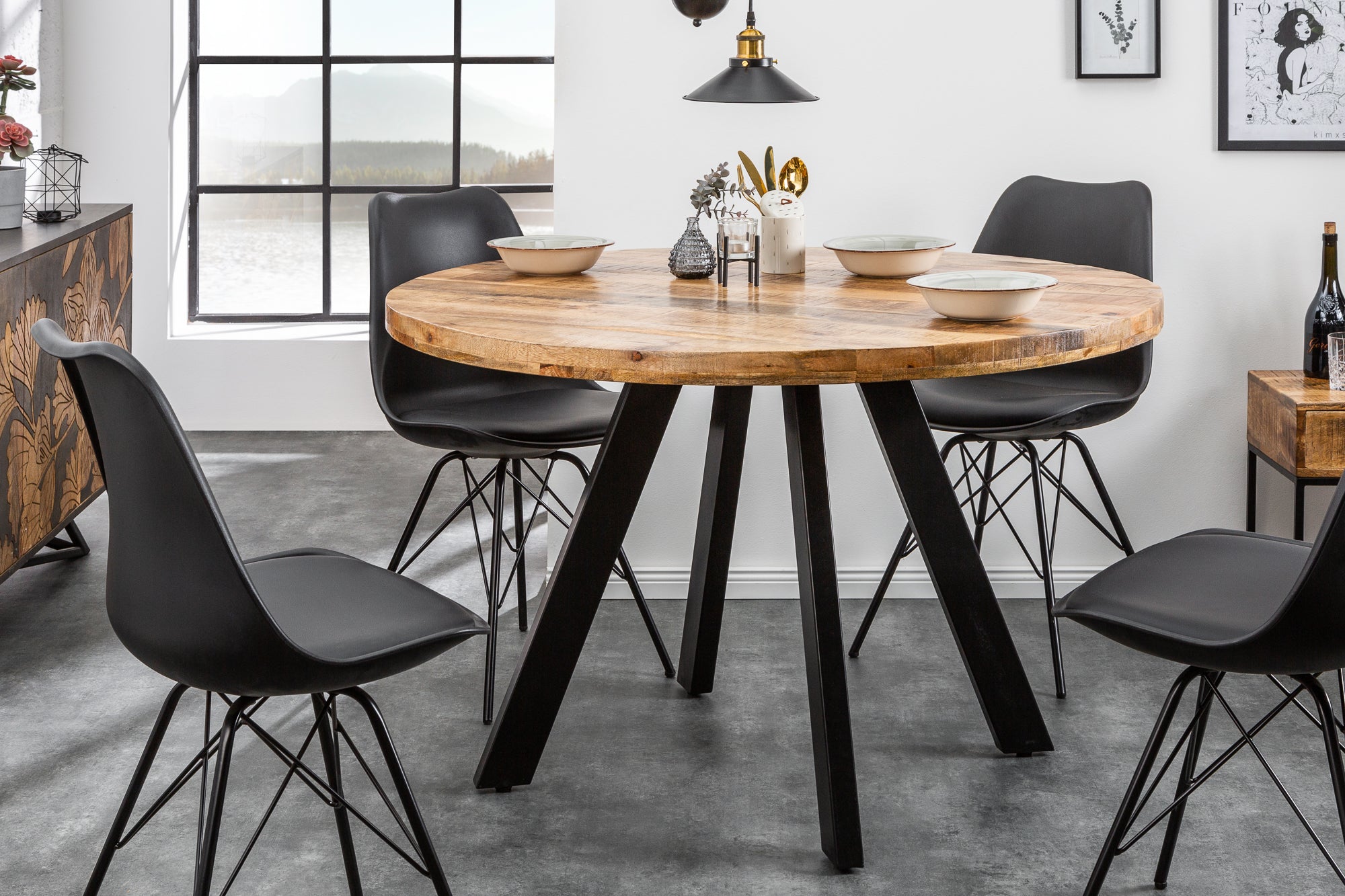 IRON CRAFT Mesa de comedor redonda de 120 cm de madera maciza de mango