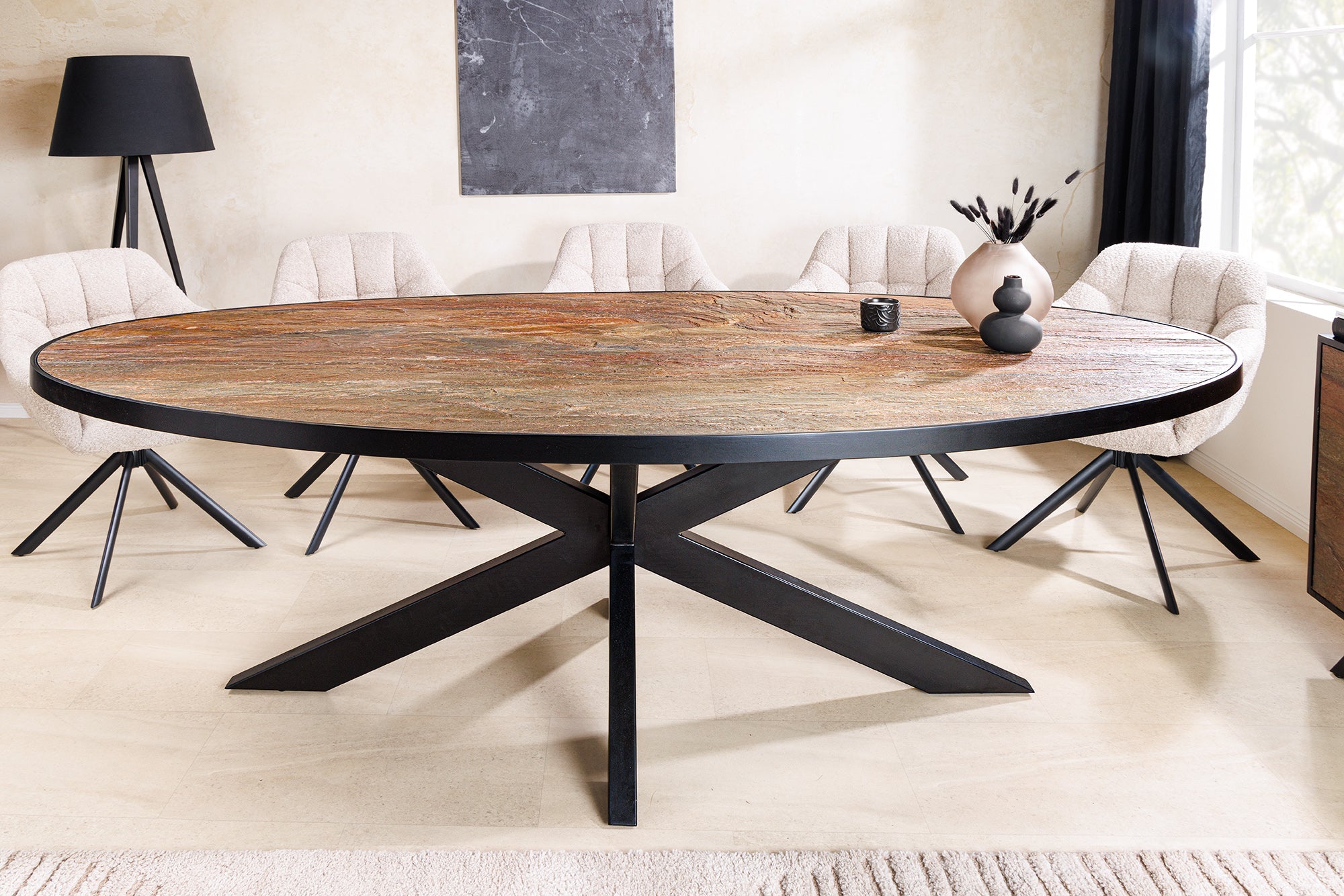 MOUNTAIN SOUL mesa de comedor de madera maciza 240cm rojo verde negro oval piedra natural hierro