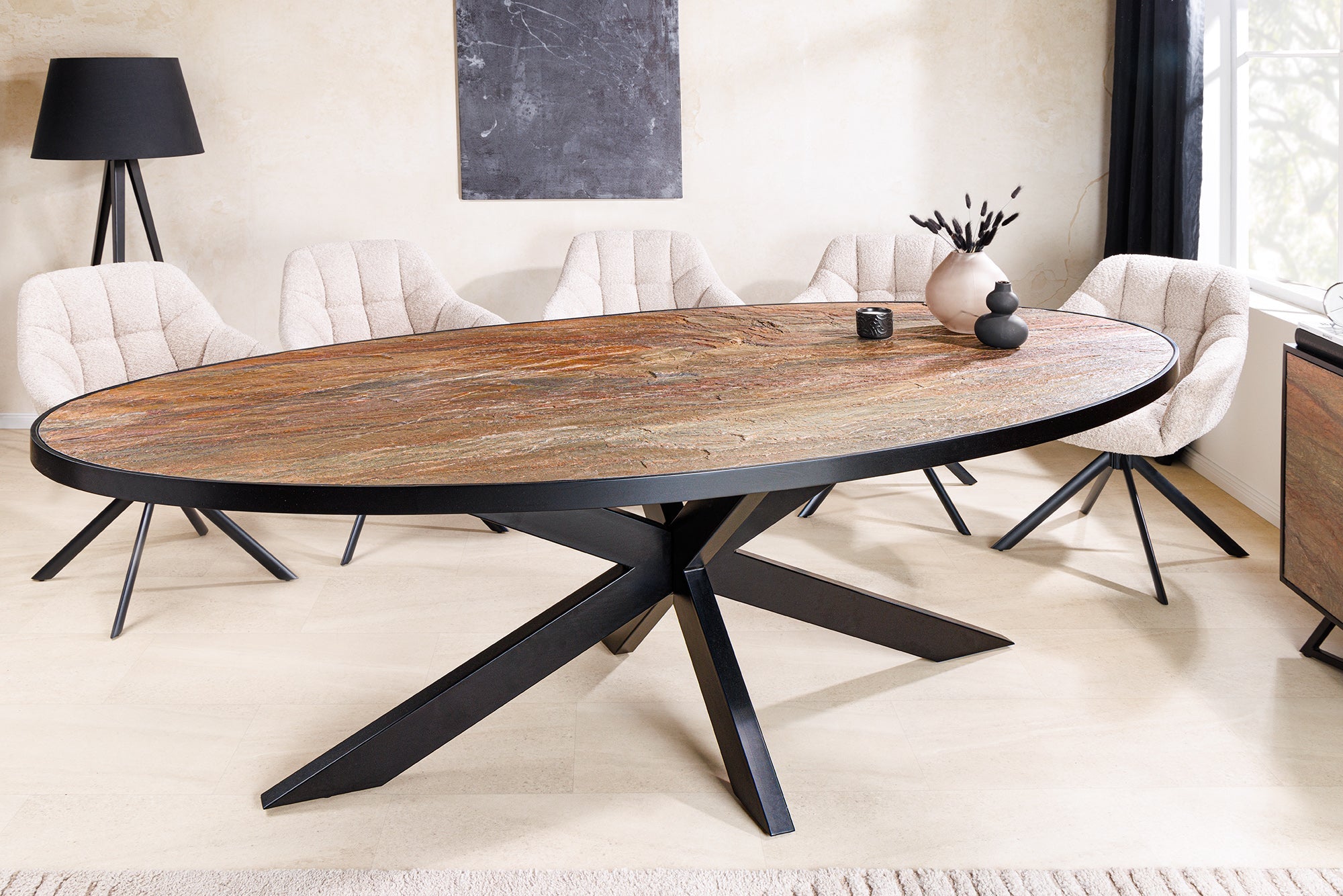 MOUNTAIN SOUL mesa de comedor de madera maciza 240cm rojo verde negro oval piedra natural hierro