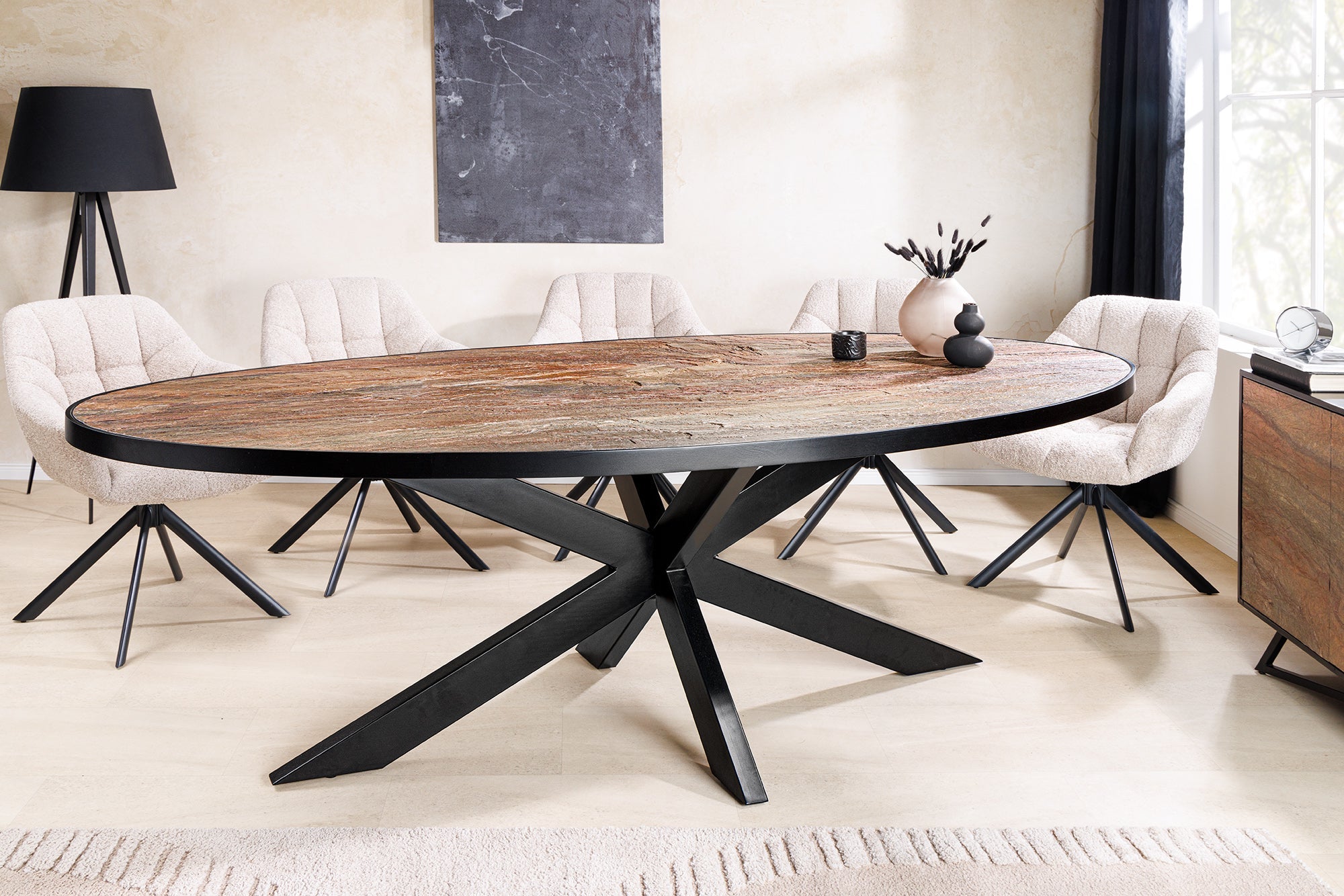 MOUNTAIN SOUL mesa de comedor de madera maciza 240cm rojo verde negro oval piedra natural hierro