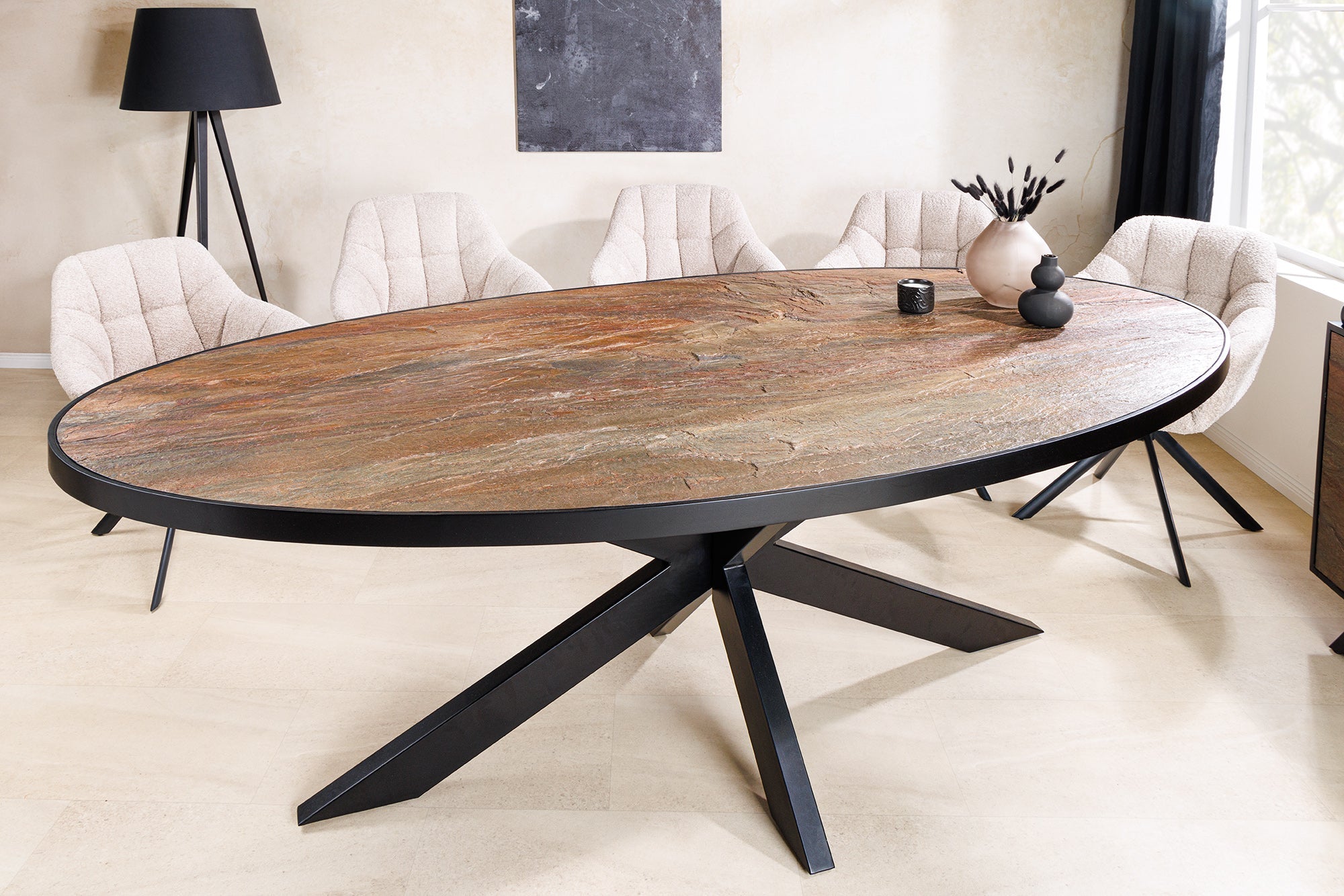MOUNTAIN SOUL mesa de comedor de madera maciza 240cm rojo verde negro oval piedra natural hierro