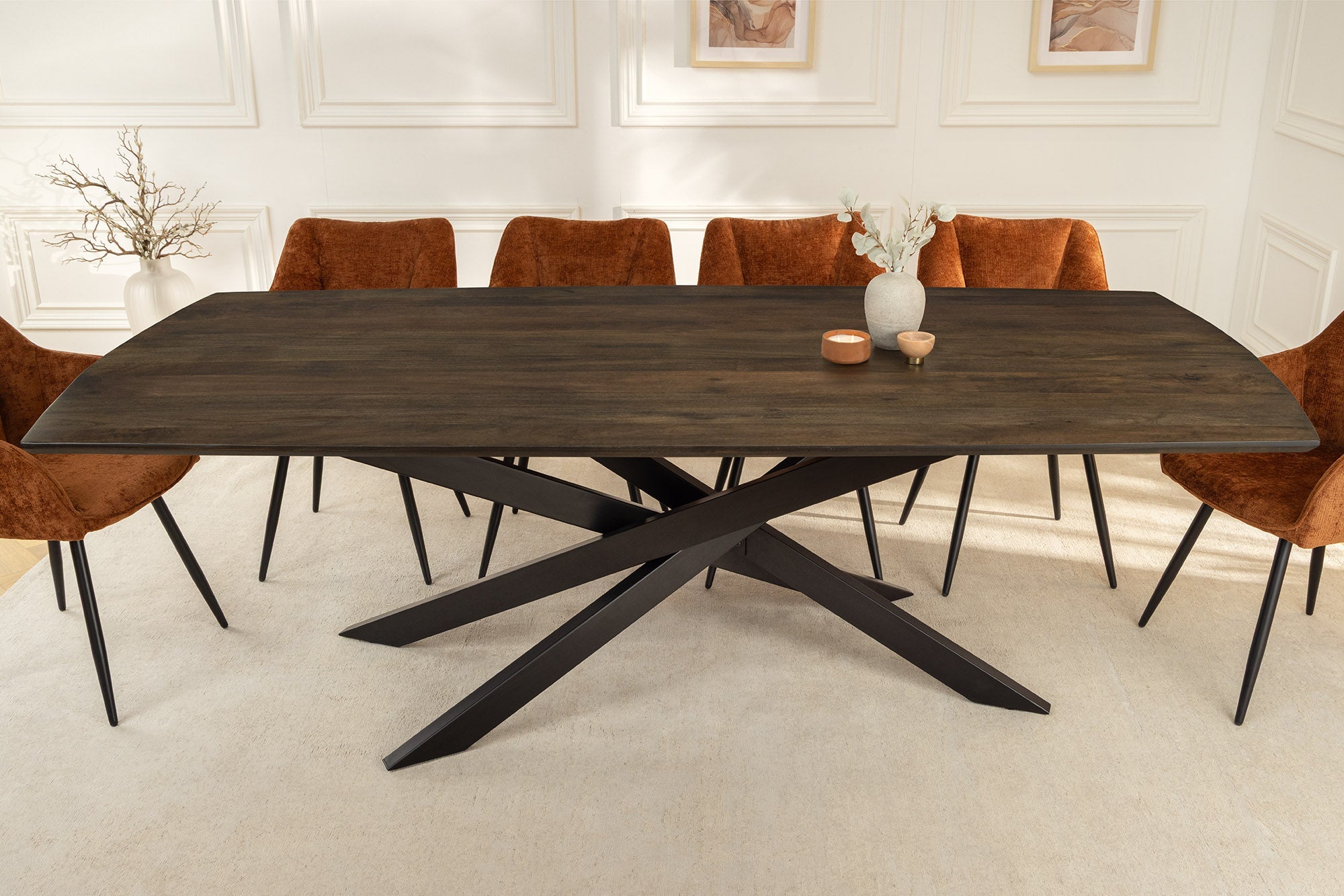SIGNUM mesa de comedor de madera maciza de mango 220cm marrón oscuro forma de barco marco de estrella