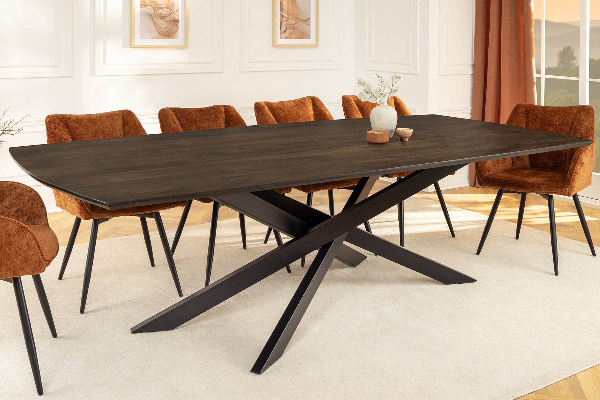 SIGNUM mesa de comedor de madera maciza de mango 220cm marrón oscuro forma de barco marco de estrella