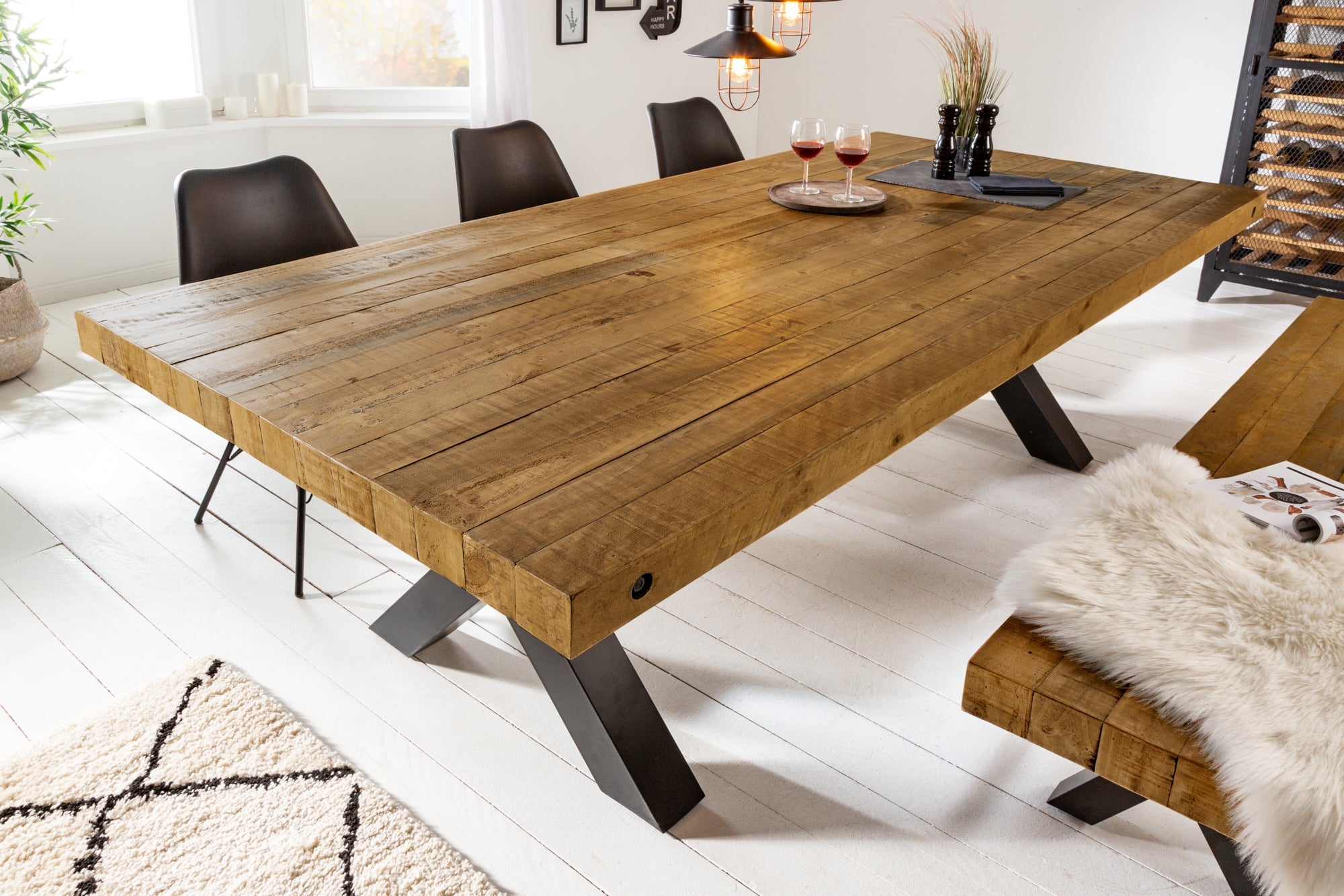 THOR Mesa de comedor maciza marrón vintage de 240 cm con estructura en forma de X de pino recuperado de diseño industrial