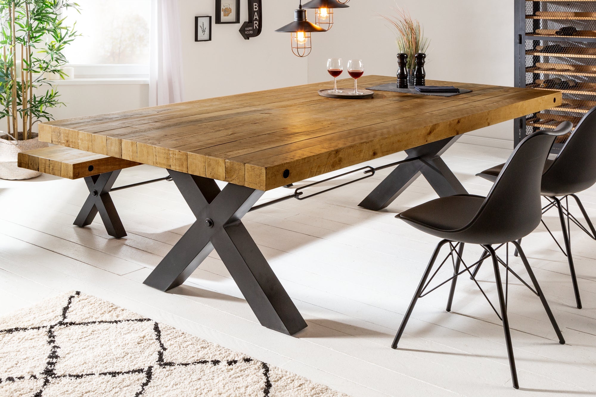 THOR Mesa de comedor maciza marrón vintage de 240 cm con estructura en forma de X de pino recuperado de diseño industrial