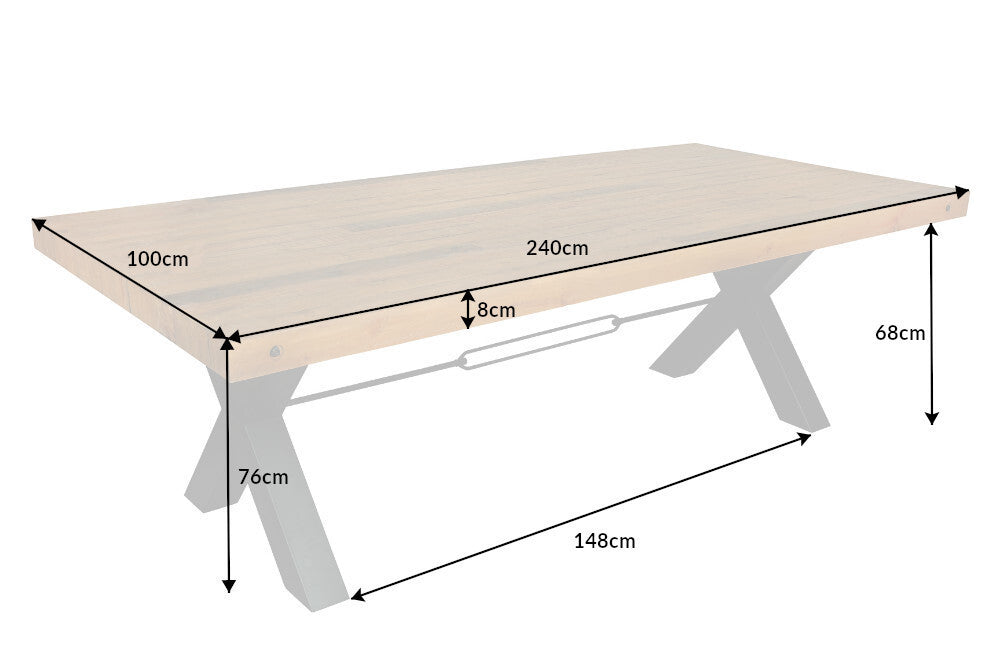 THOR Mesa de comedor maciza marrón vintage de 240 cm con estructura en forma de X de pino recuperado de diseño industrial