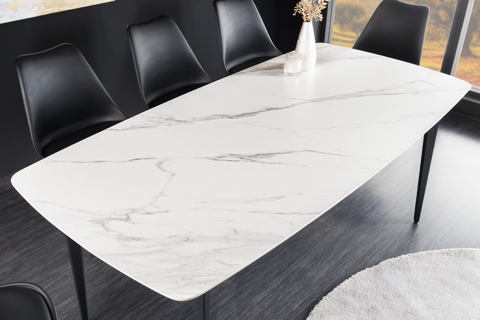 Mesa de comedor MILANO 160 cm cerámica mármol blanco estructura de metal negro