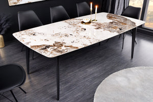 Table à manger MILANO 160cm céramique Pandora blanche structure métal noir