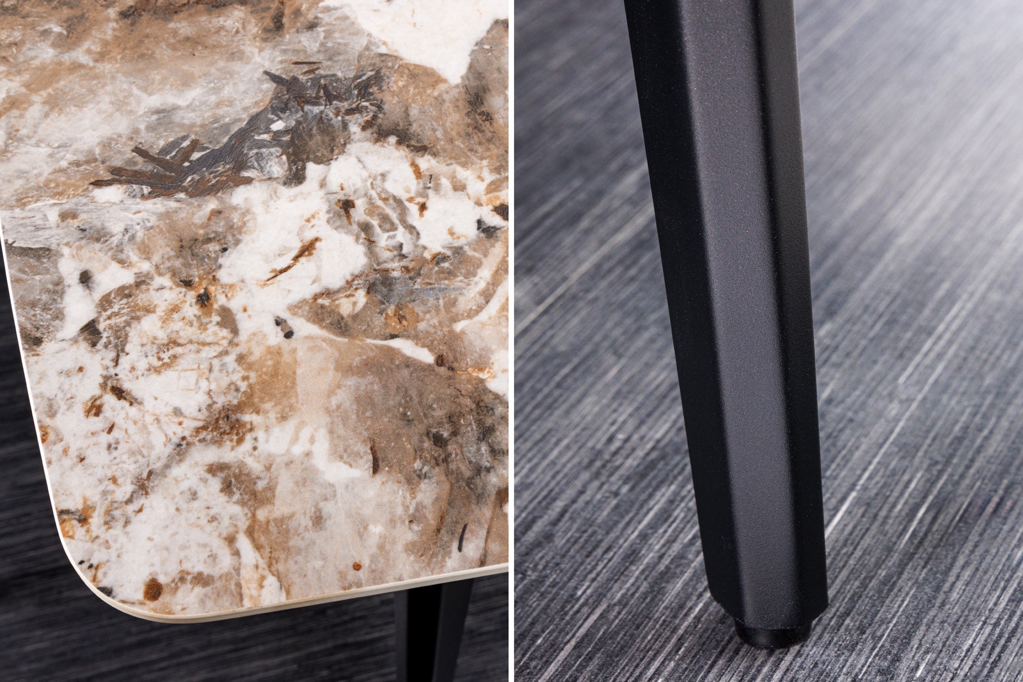 Table à manger MILANO 160cm céramique Pandora blanche structure métal noir