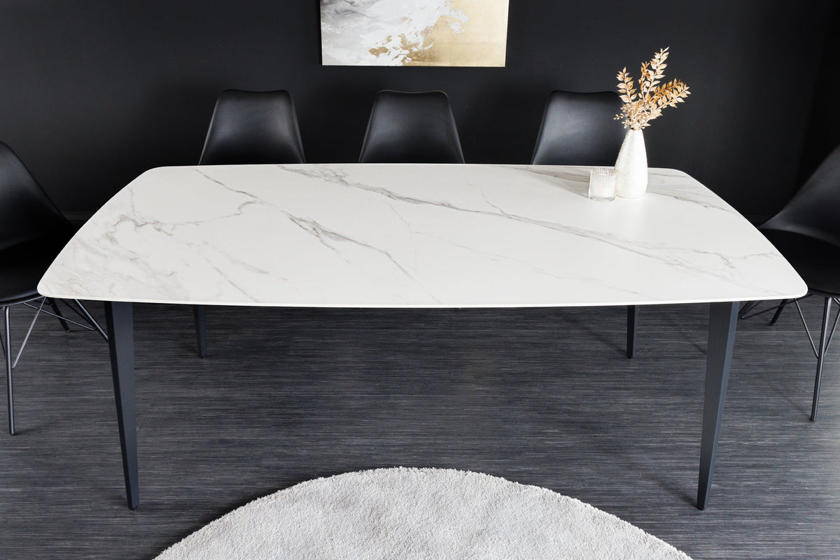 Table à manger MILANO 160cm marbre blanc céramique structure métal noir