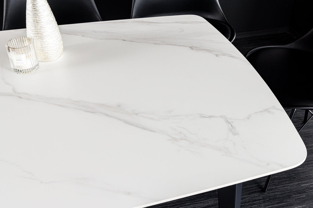 Table à manger MILANO 160cm marbre blanc céramique structure métal noir