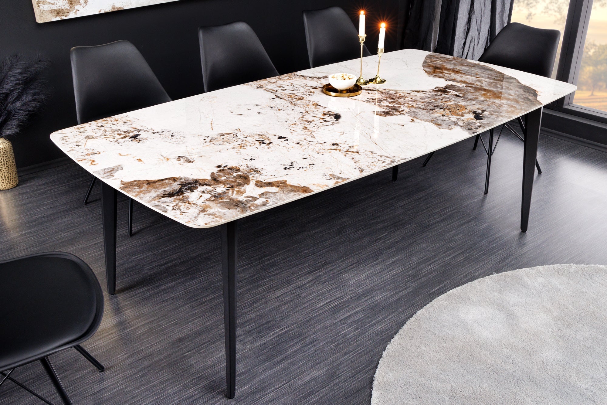 Table à manger MILANO 180cm céramique Pandora blanche structure métal noir