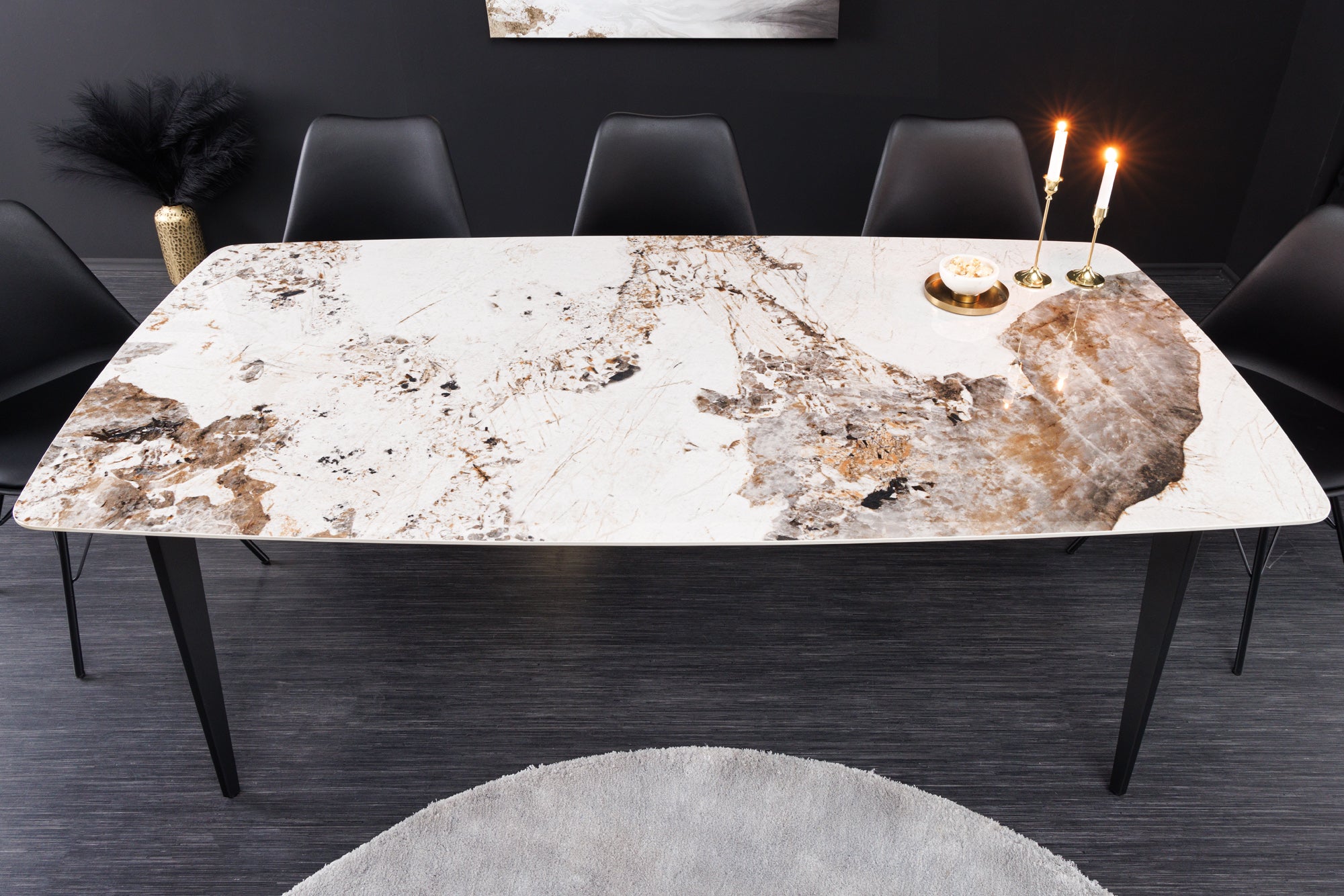Table à manger MILANO 180cm céramique Pandora blanche structure métal noir
