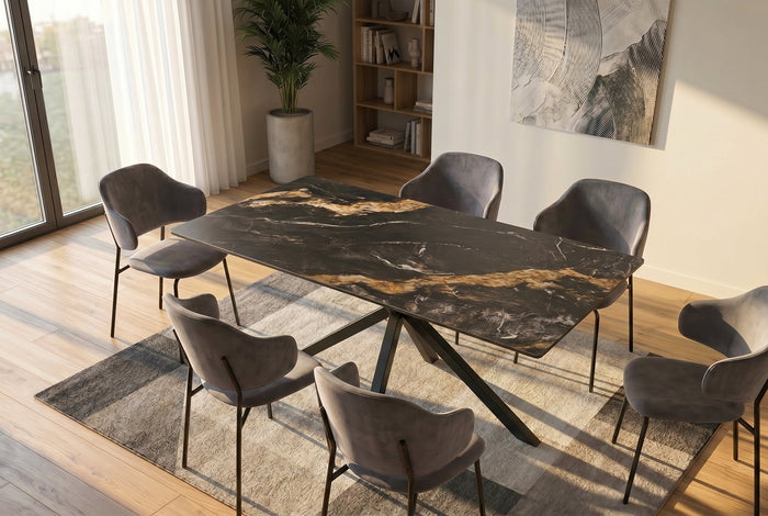 Table à manger moderne GALAXIE 160cm Aurora Oro céramique sable or noir