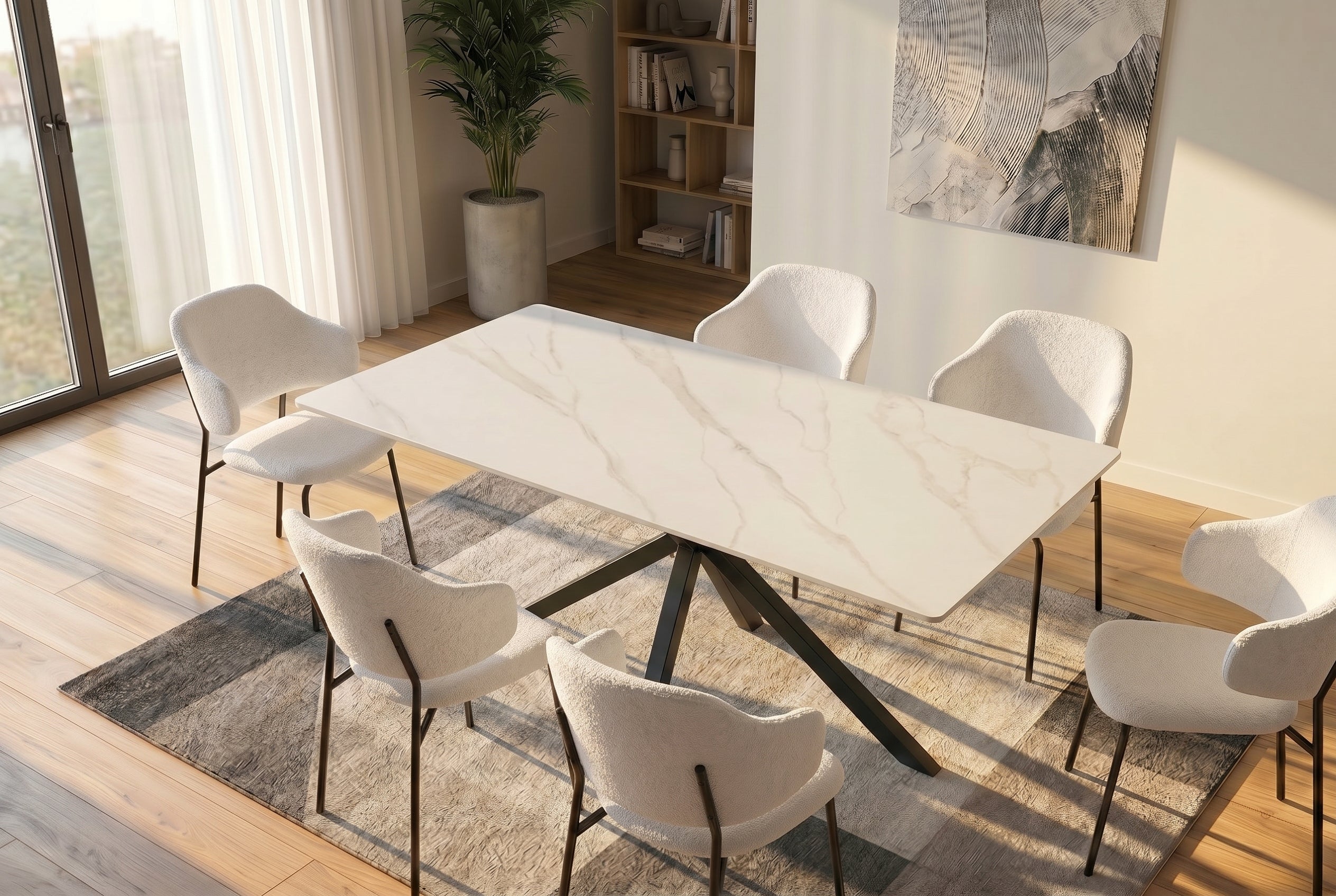 Table à manger moderne GALAXIE 160cm céramique blanche structure étoile métal noir