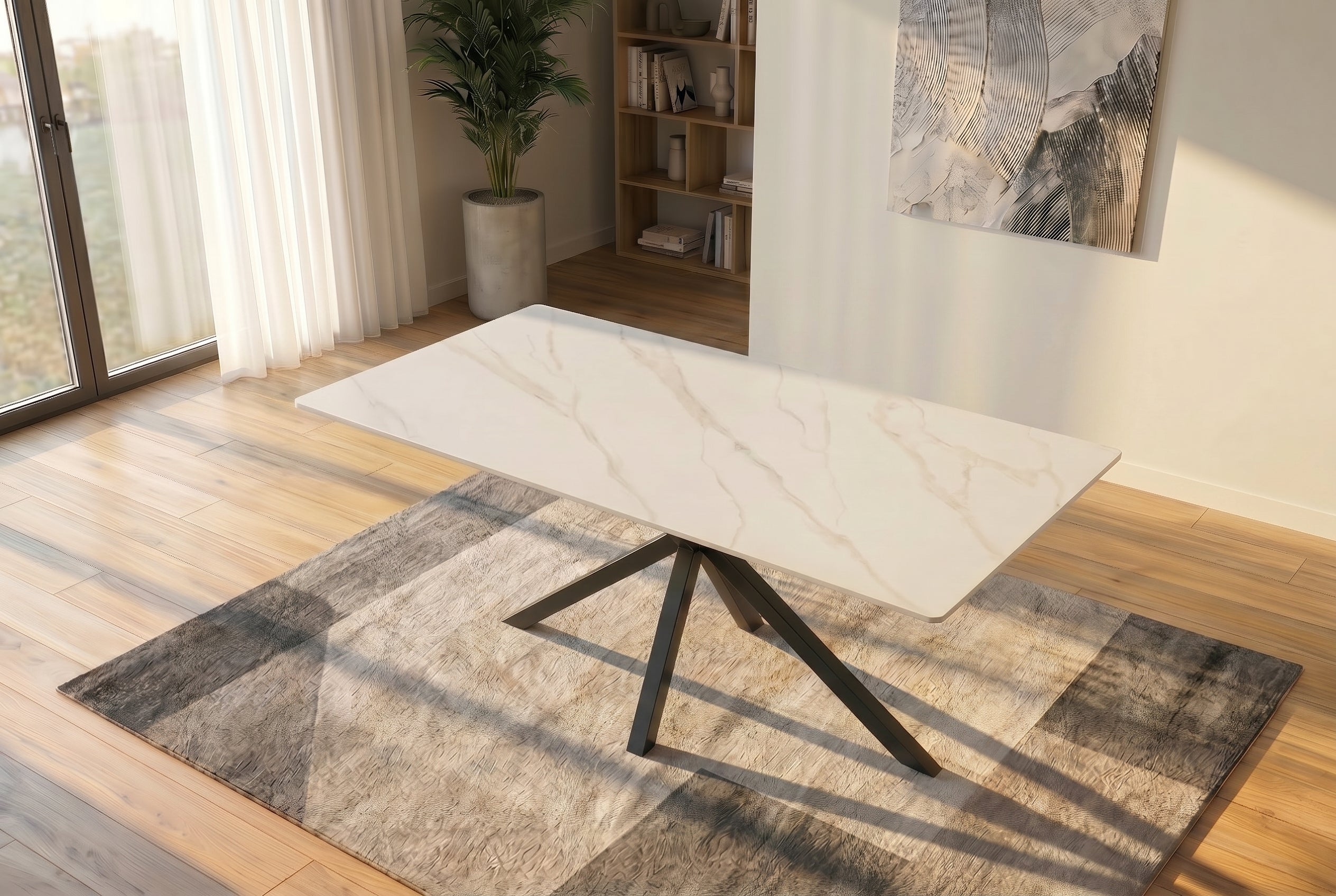Table à manger moderne GALAXIE 160cm céramique blanche structure étoile métal noir