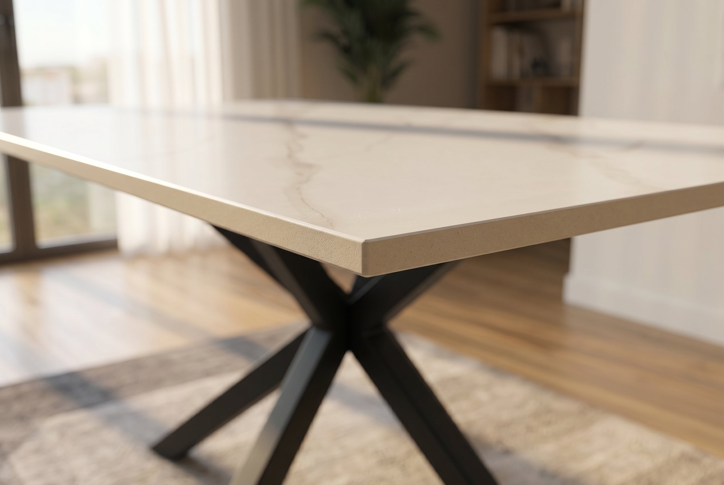 Table à manger moderne GALAXIE 160cm céramique blanche structure étoile métal noir