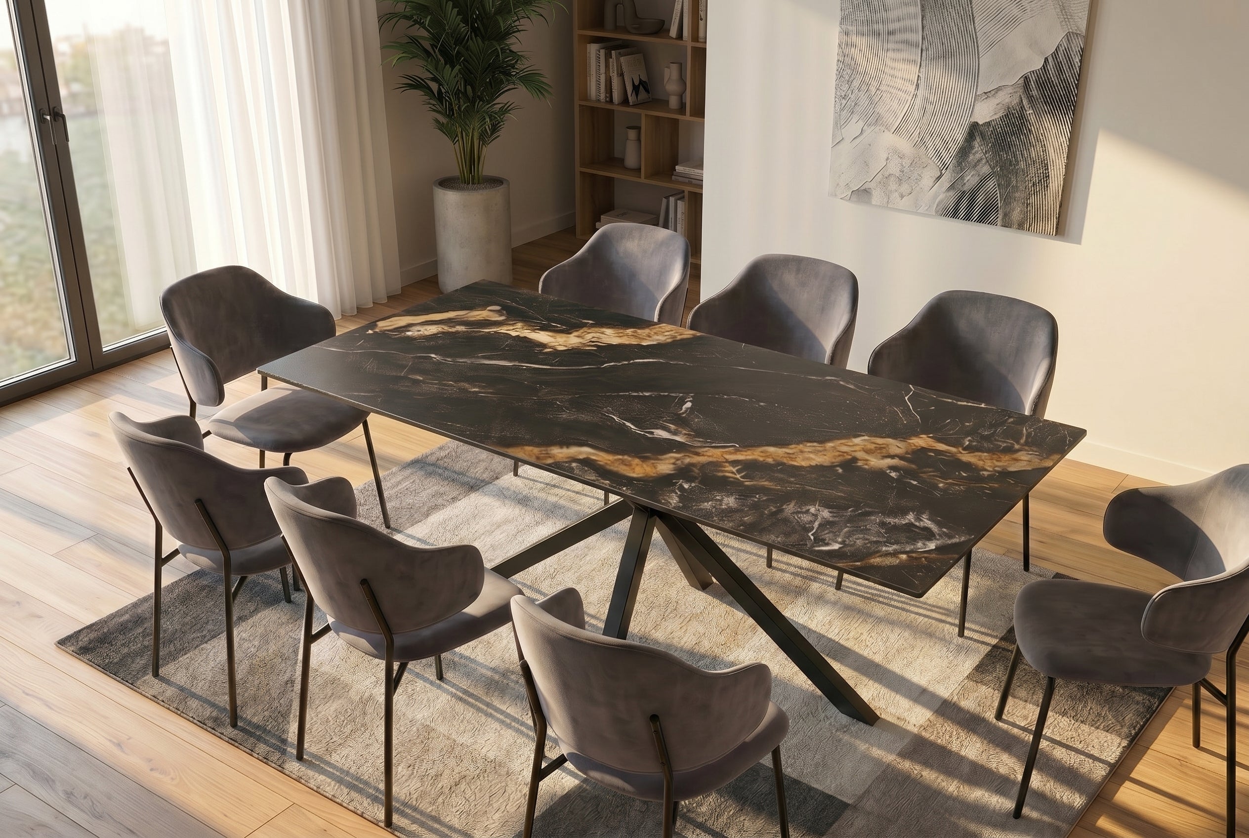 Table à manger moderne GALAXIE 180cm Aurora Oro céramique sable or noir