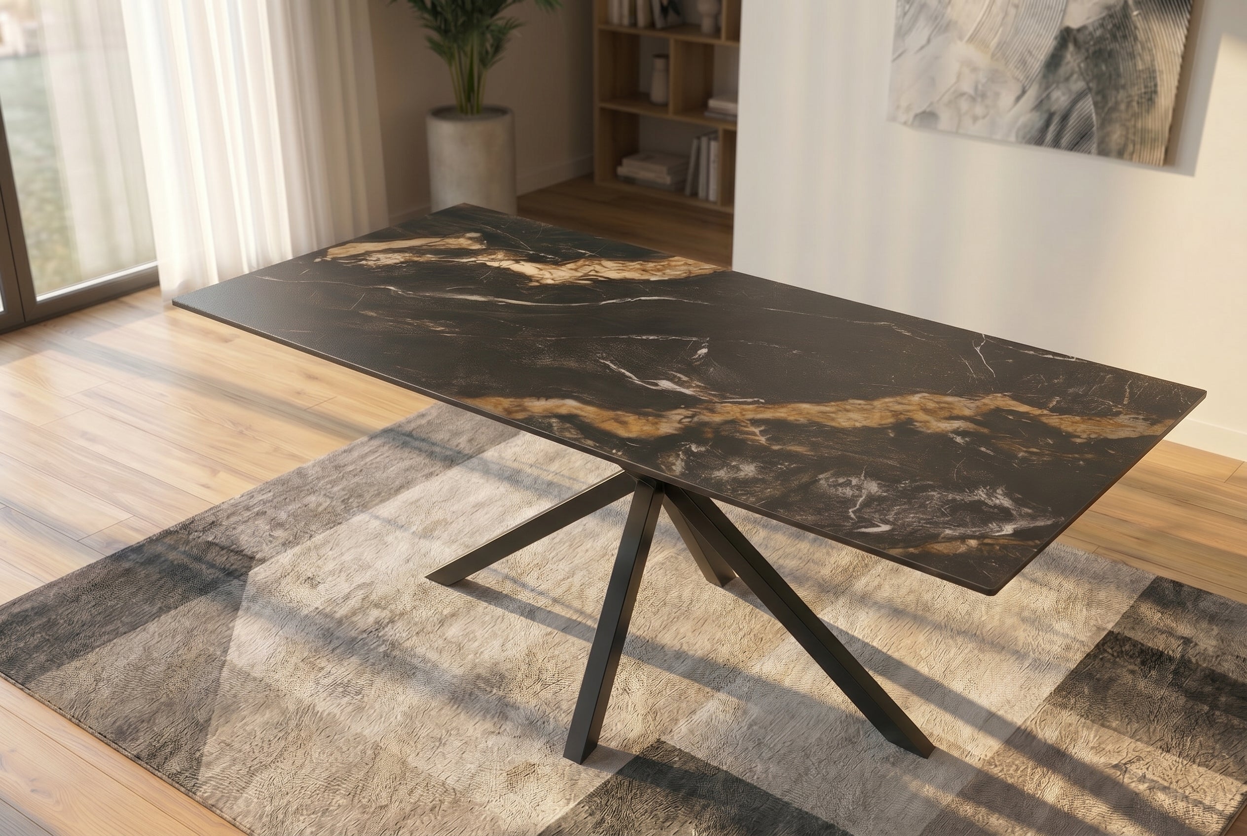 Table à manger moderne GALAXIE 180cm Aurora Oro céramique sable or noir