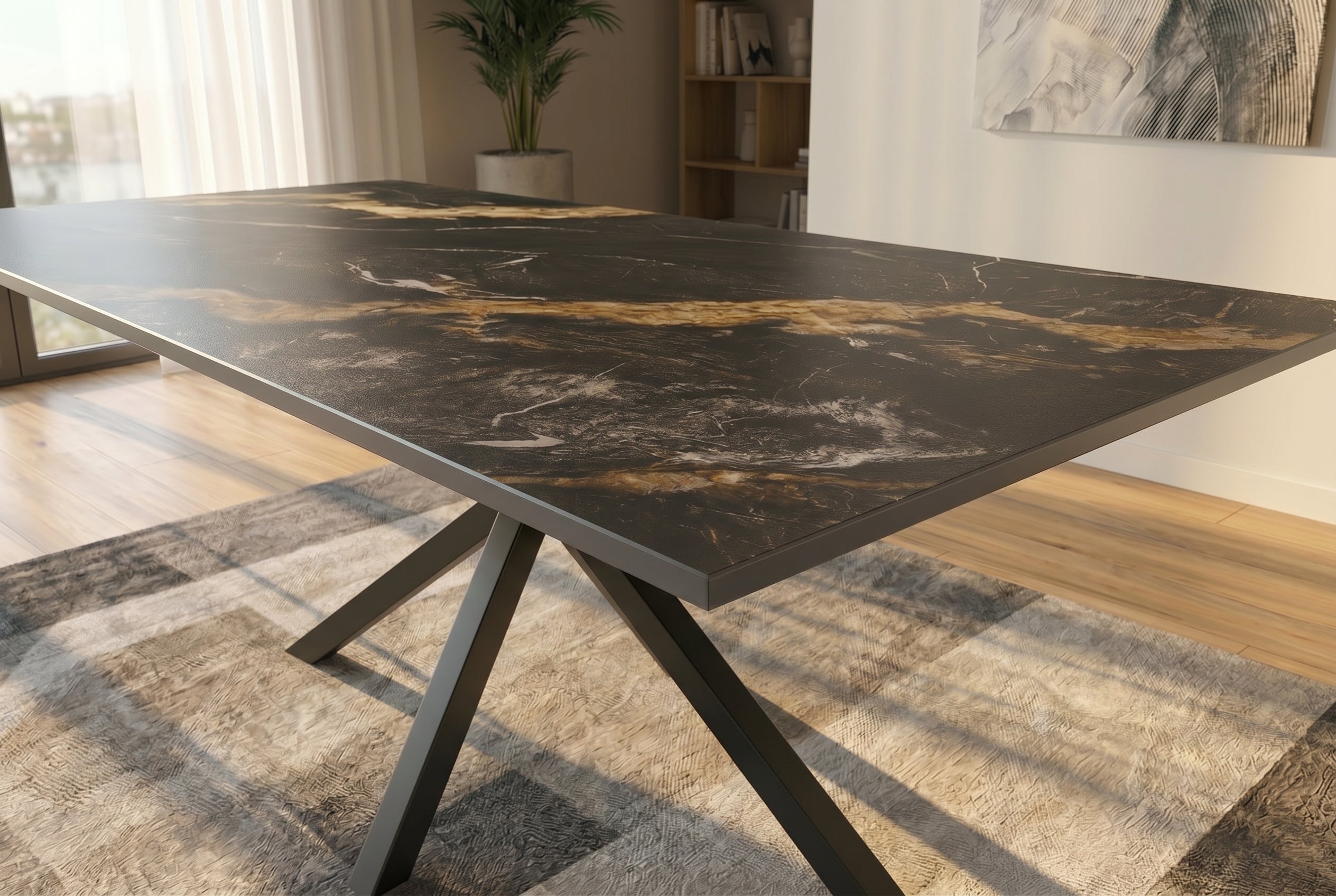 Table à manger moderne GALAXIE 180cm Aurora Oro céramique sable or noir