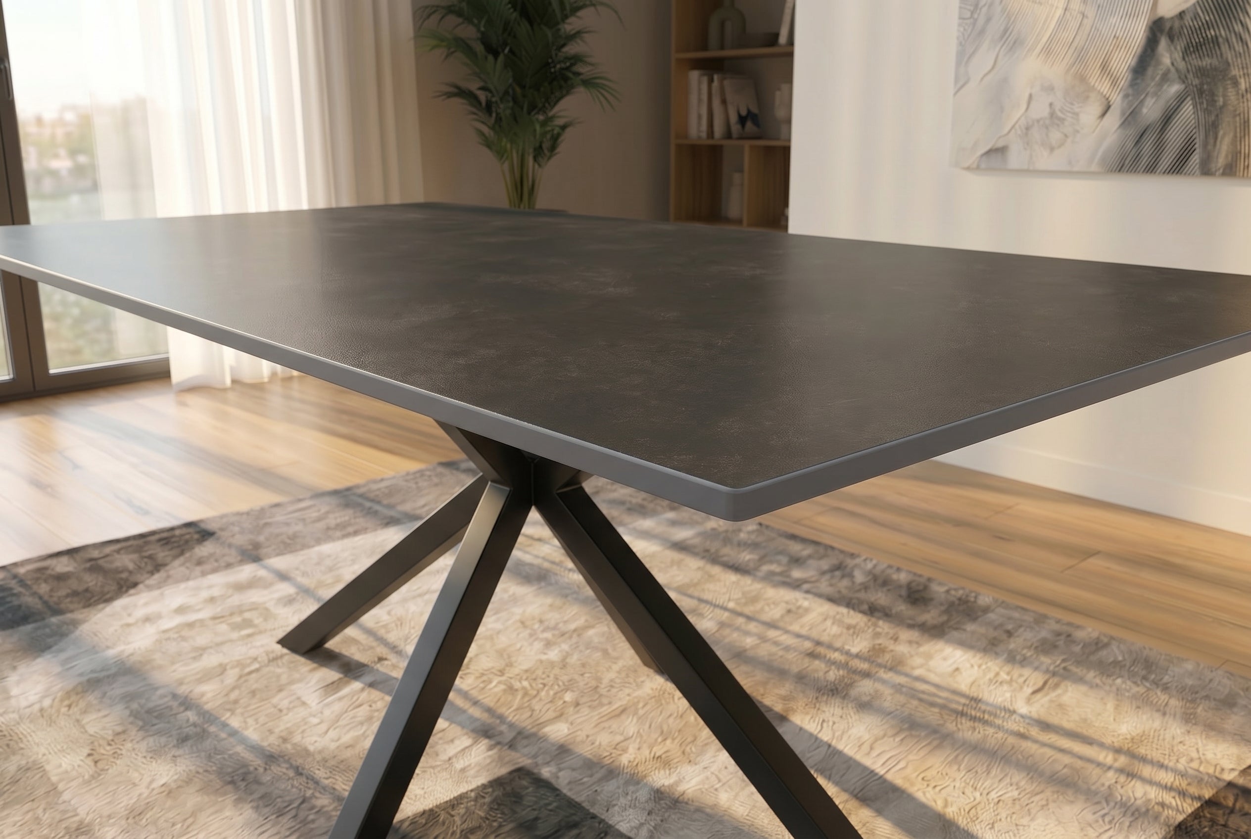 Table à manger moderne GALAXIE 180cm céramique anthracite structure étoile métal noir