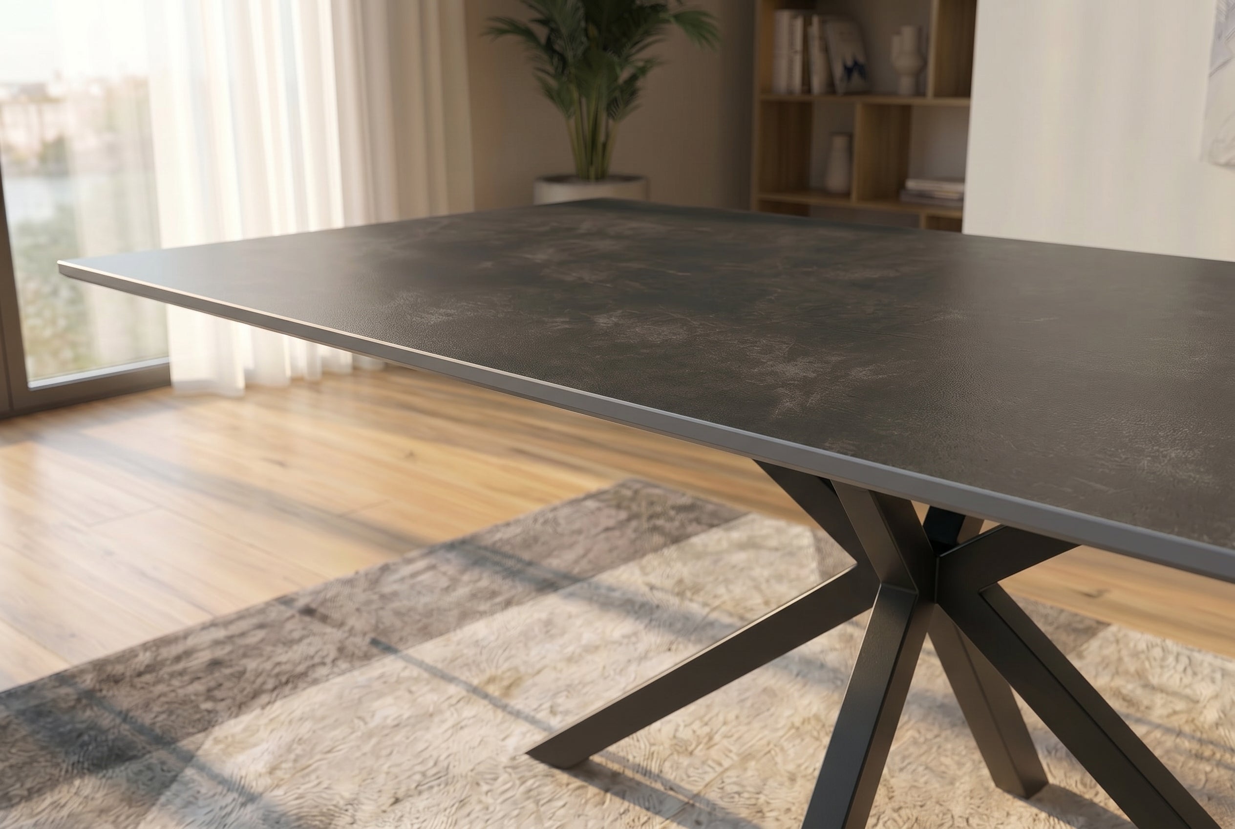 Table à manger moderne GALAXIE 180cm céramique anthracite structure étoile métal noir