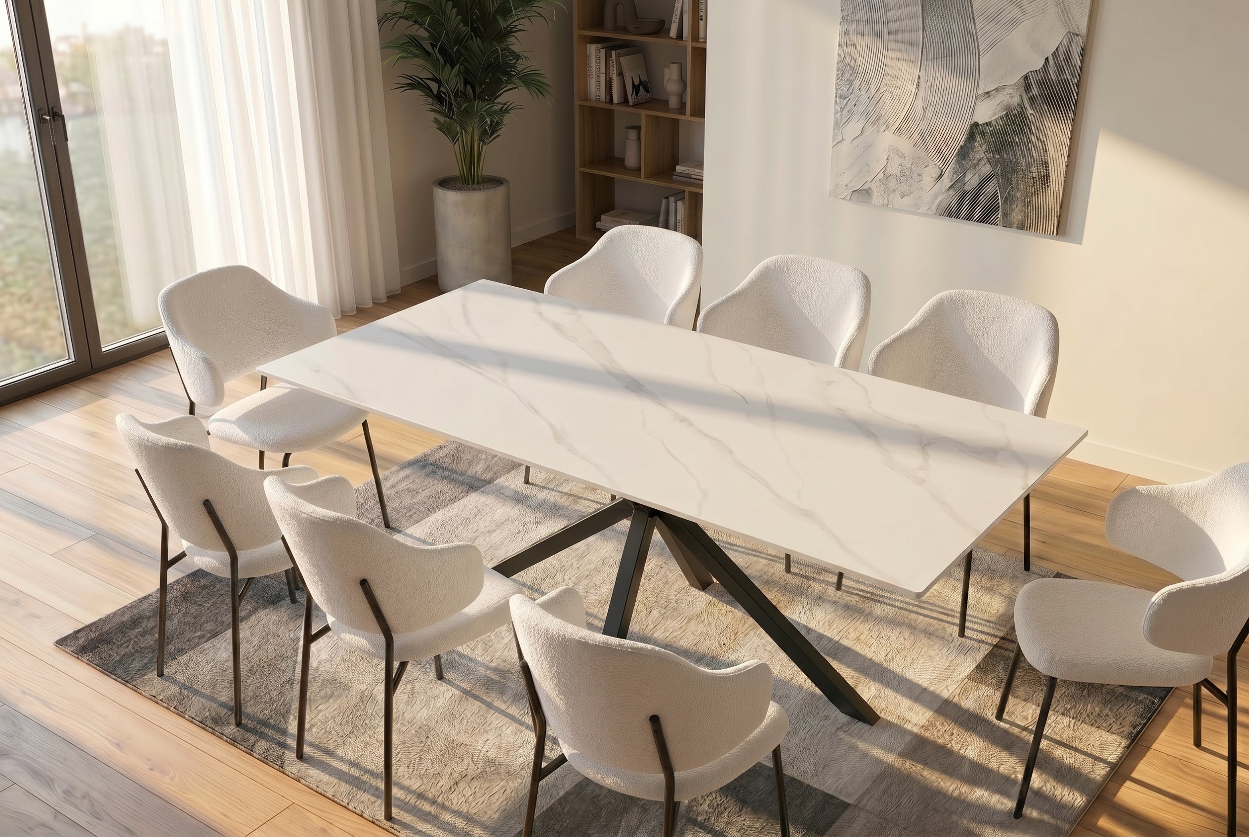 Table à manger moderne GALAXIE 180cm céramique blanche structure étoile métal noir