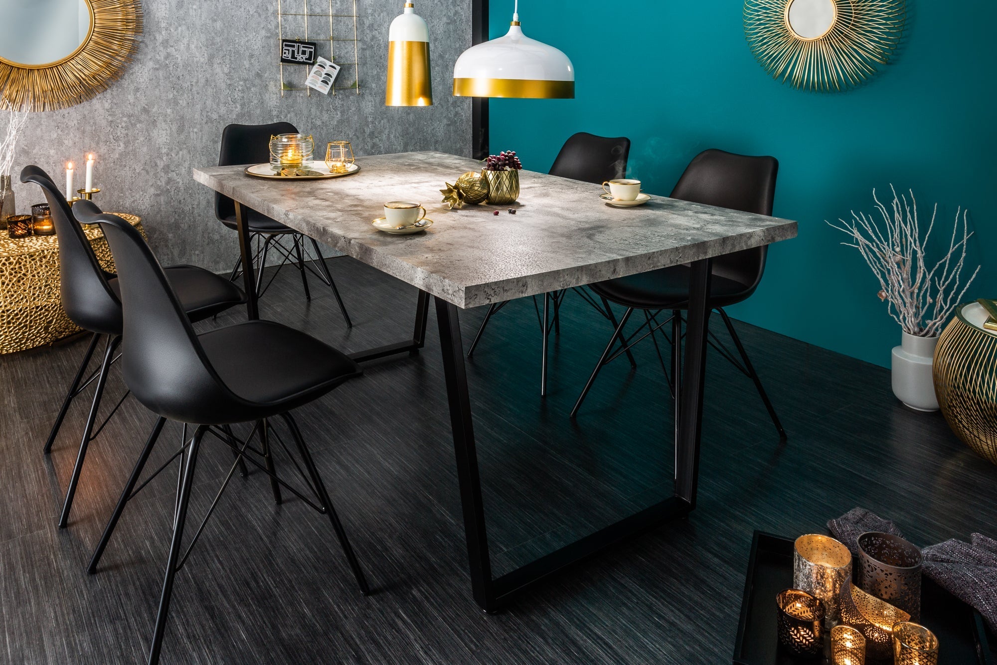 Table à manger moderne LOFT 160cm béton gris design pieds métal noir piètement luge industriel