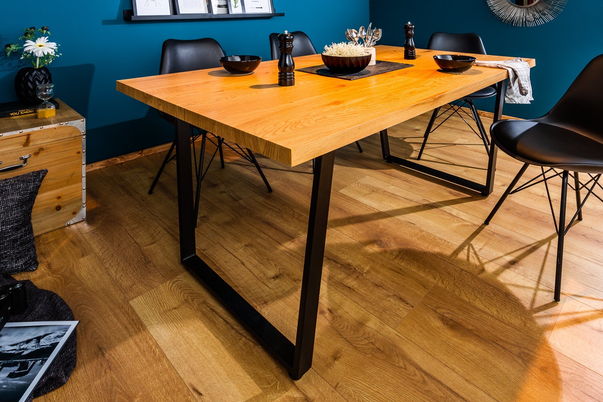 LOFT 160cm mesa de comedor moderna diseño roble patas de metal negro estructura en voladizo estilo industrial