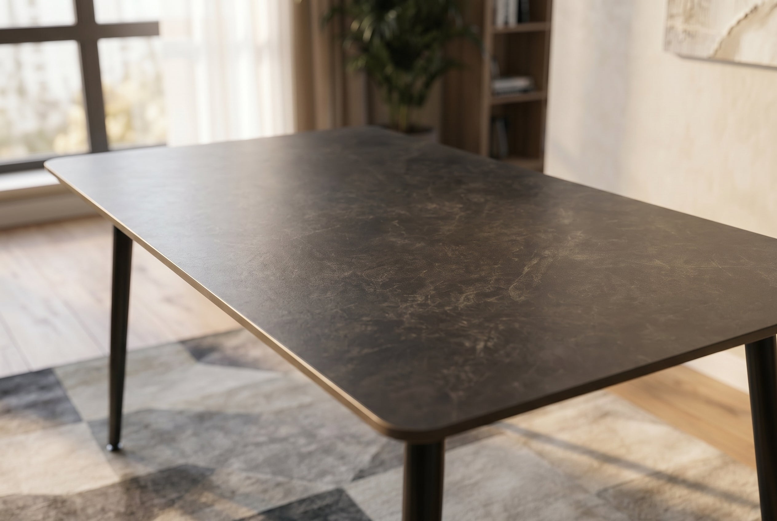 Table à manger moderne MILANO 140cm céramique anthracite pieds métal noir