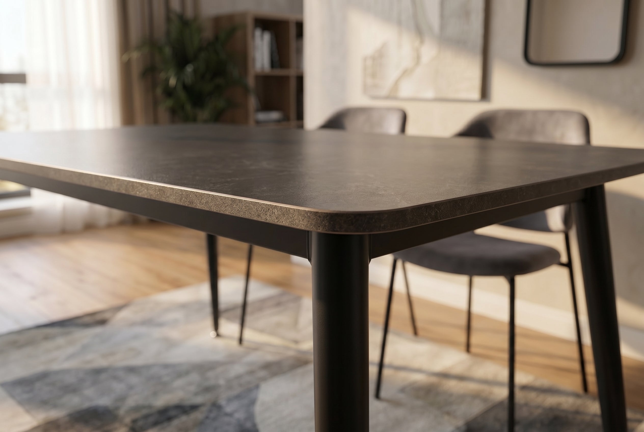 Table à manger moderne MILANO 140cm céramique anthracite pieds métal noir