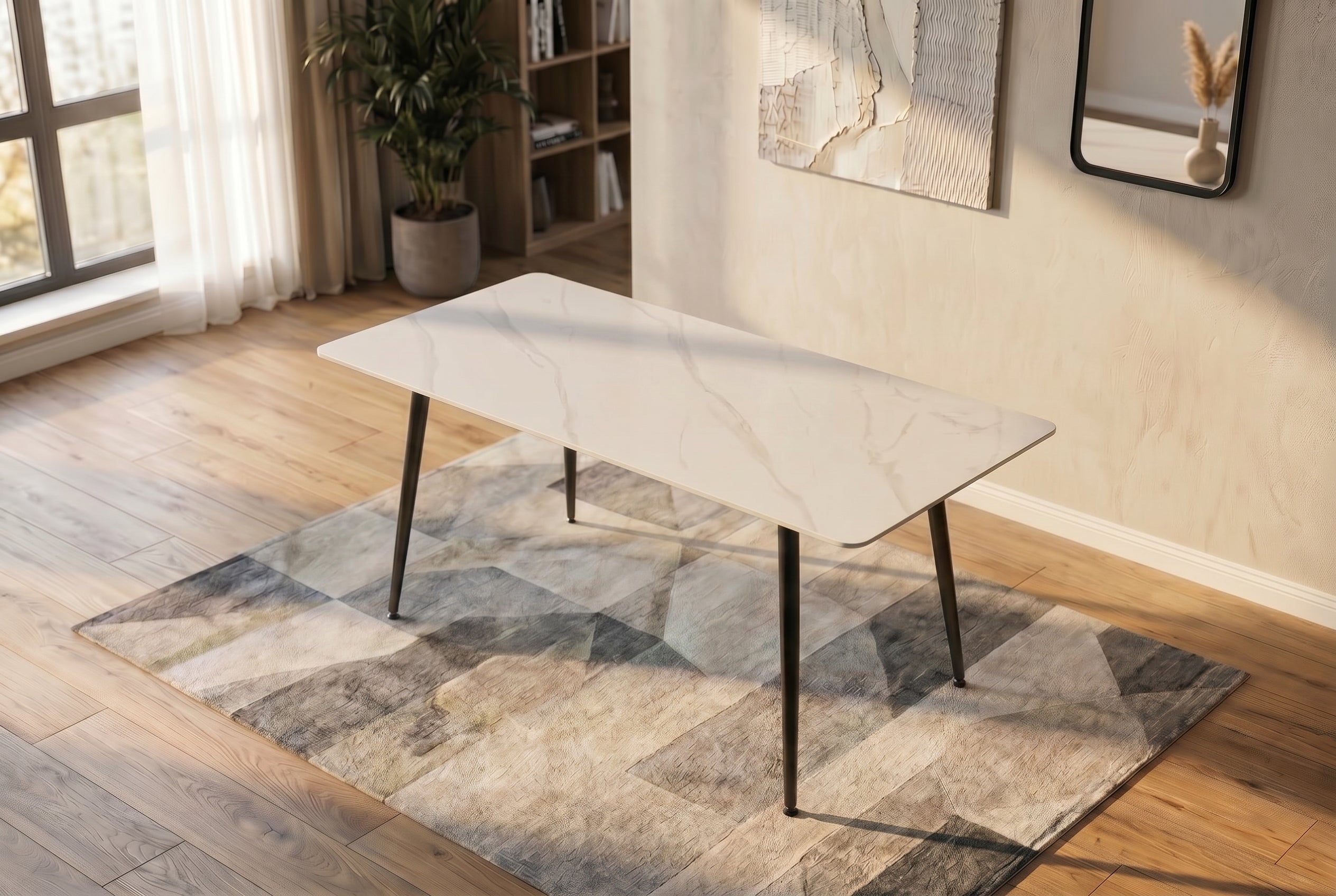 Table à manger moderne MILANO 140cm céramique blanche pieds métal noir