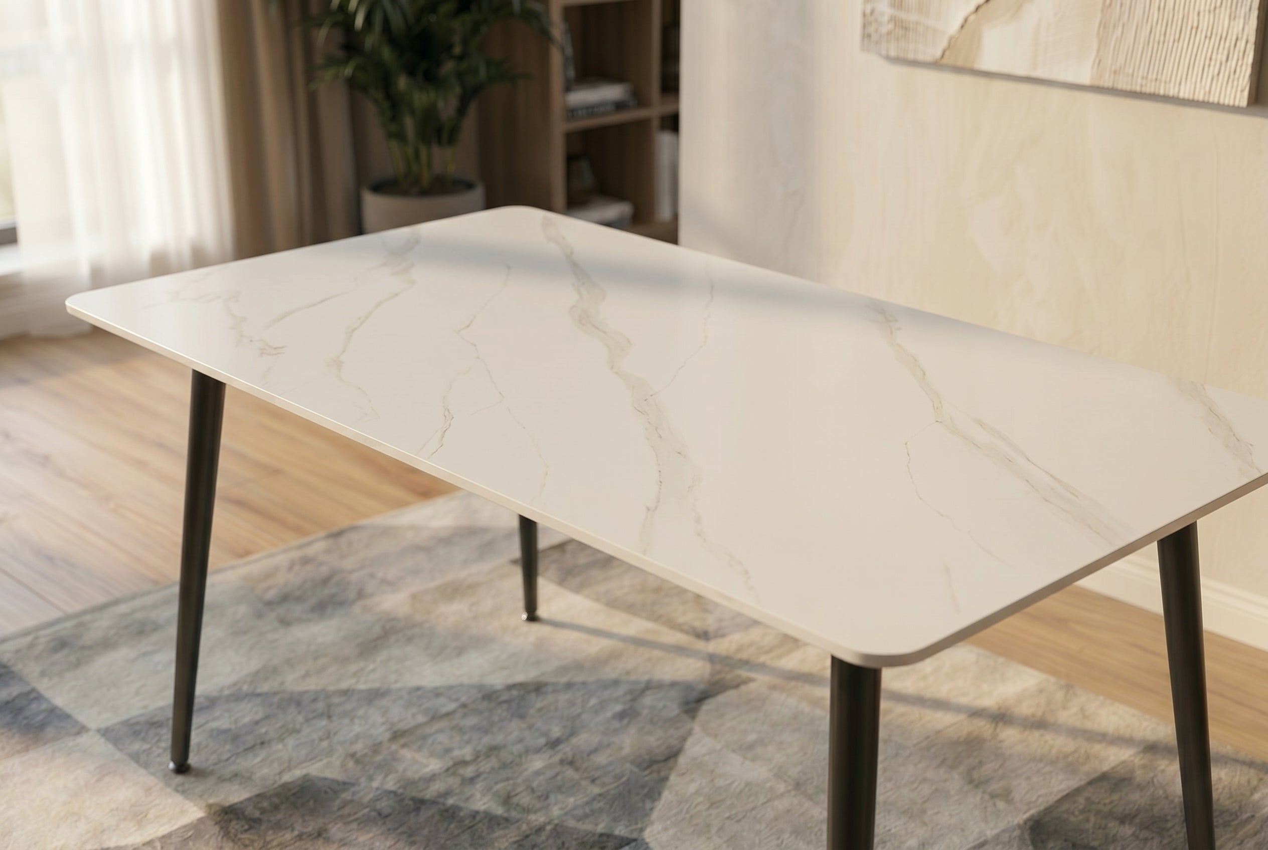 Table à manger moderne MILANO 140cm céramique blanche pieds métal noir