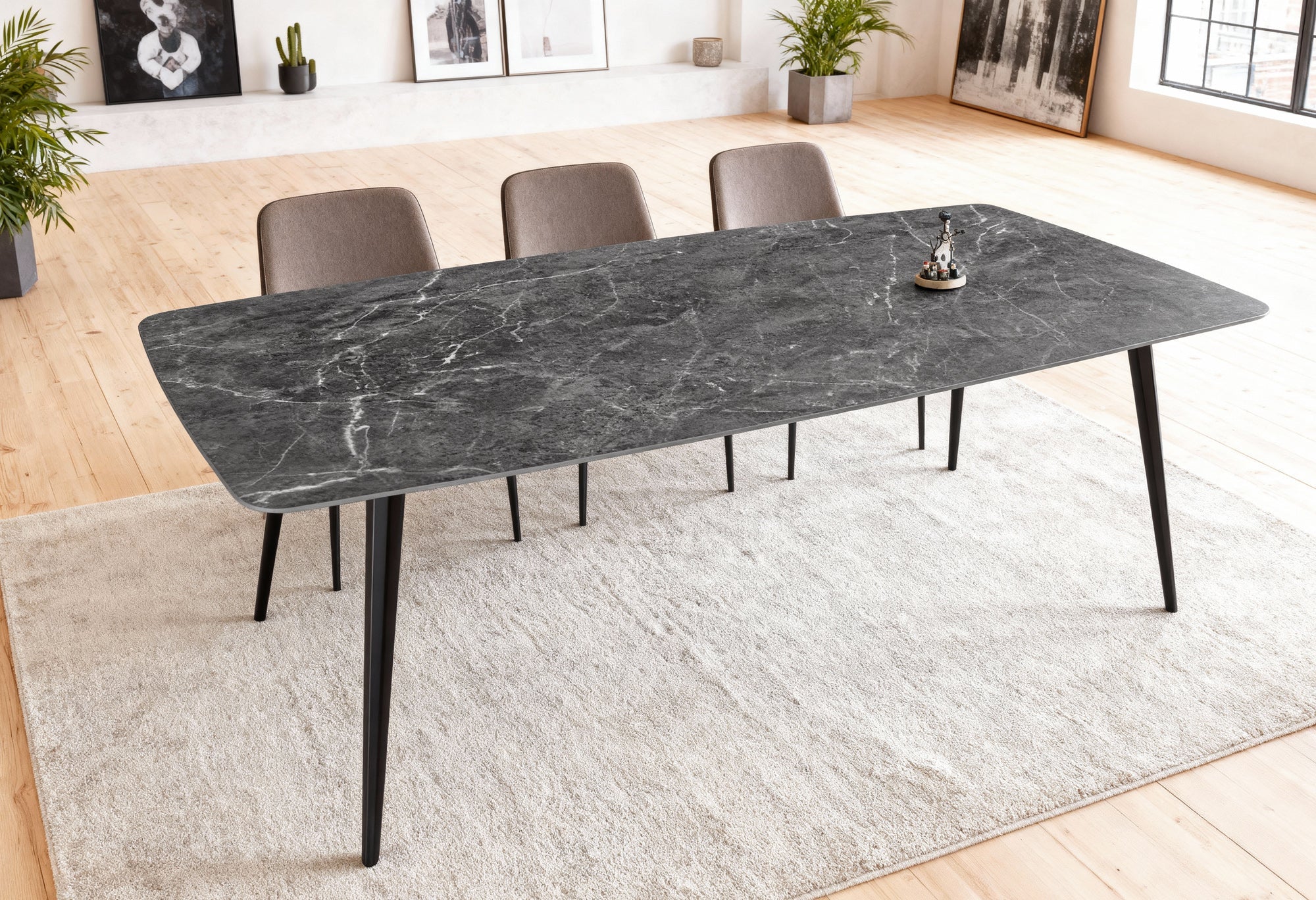 Table à manger moderne MILANO 180cm céramique anthracite pieds métal noir