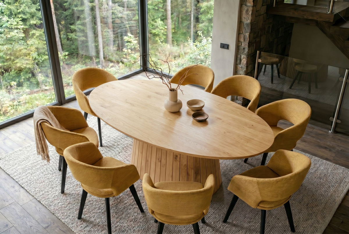 Table à manger ovale ART DECO 220cm en manguier massif beige finition crème avec piètement colonne