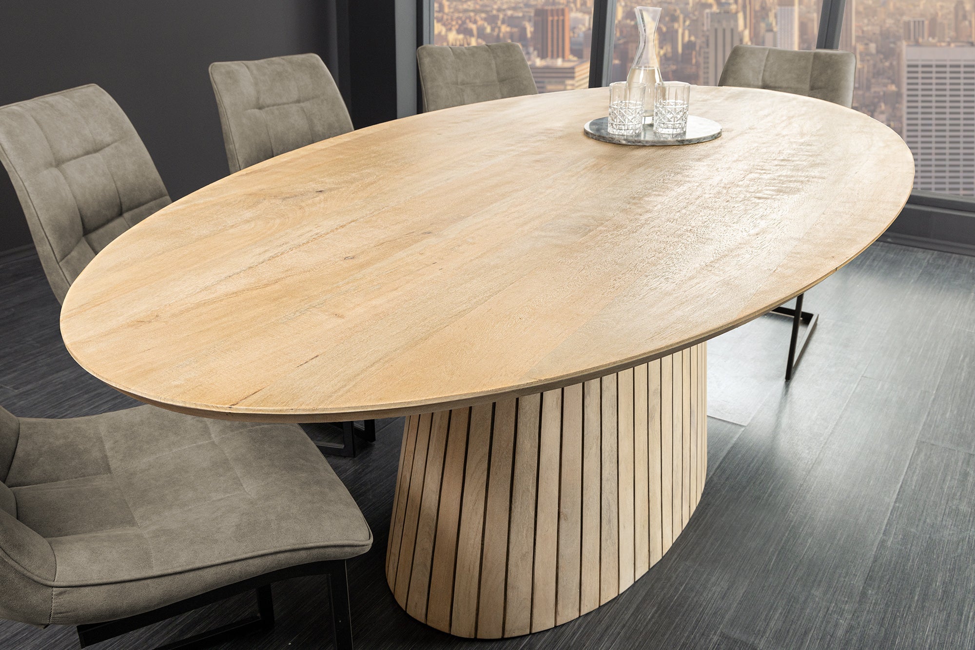 ART DECO Mesa de comedor ovalada de 220 cm en mango macizo encalado con base de columna
