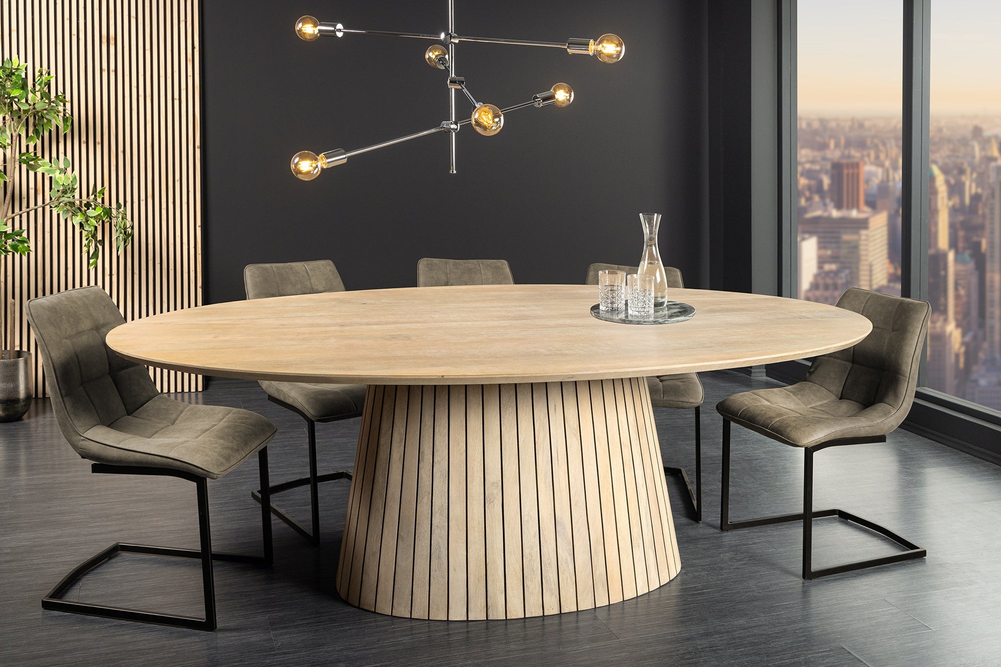 ART DECO Mesa de comedor ovalada de 220 cm en mango macizo encalado con base de columna