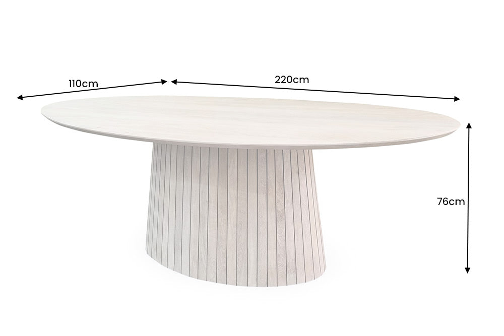 ART DECO Mesa de comedor ovalada de 220 cm en mango macizo encalado con base de columna