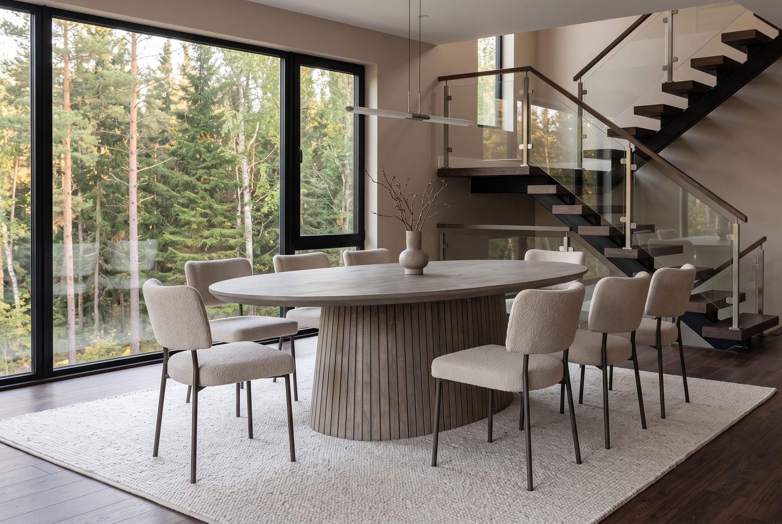 Table à manger ovale ART DECO 220cm en manguier massif gris fumé avec piètement colonne