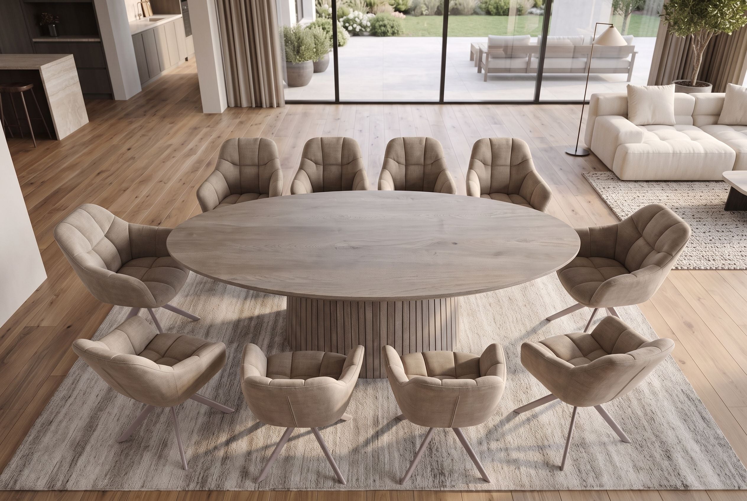 Table à manger ovale ART DECO 220cm en manguier massif gris fumé avec piètement colonne