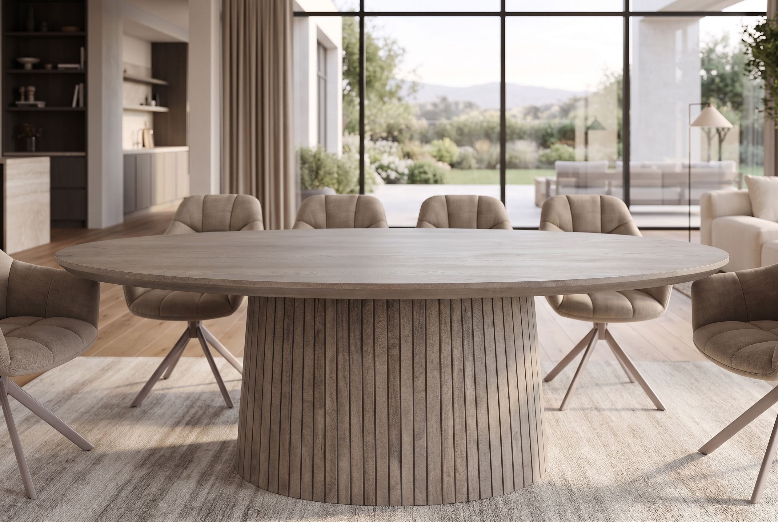Table à manger ovale ART DECO 220cm en manguier massif gris fumé avec piètement colonne