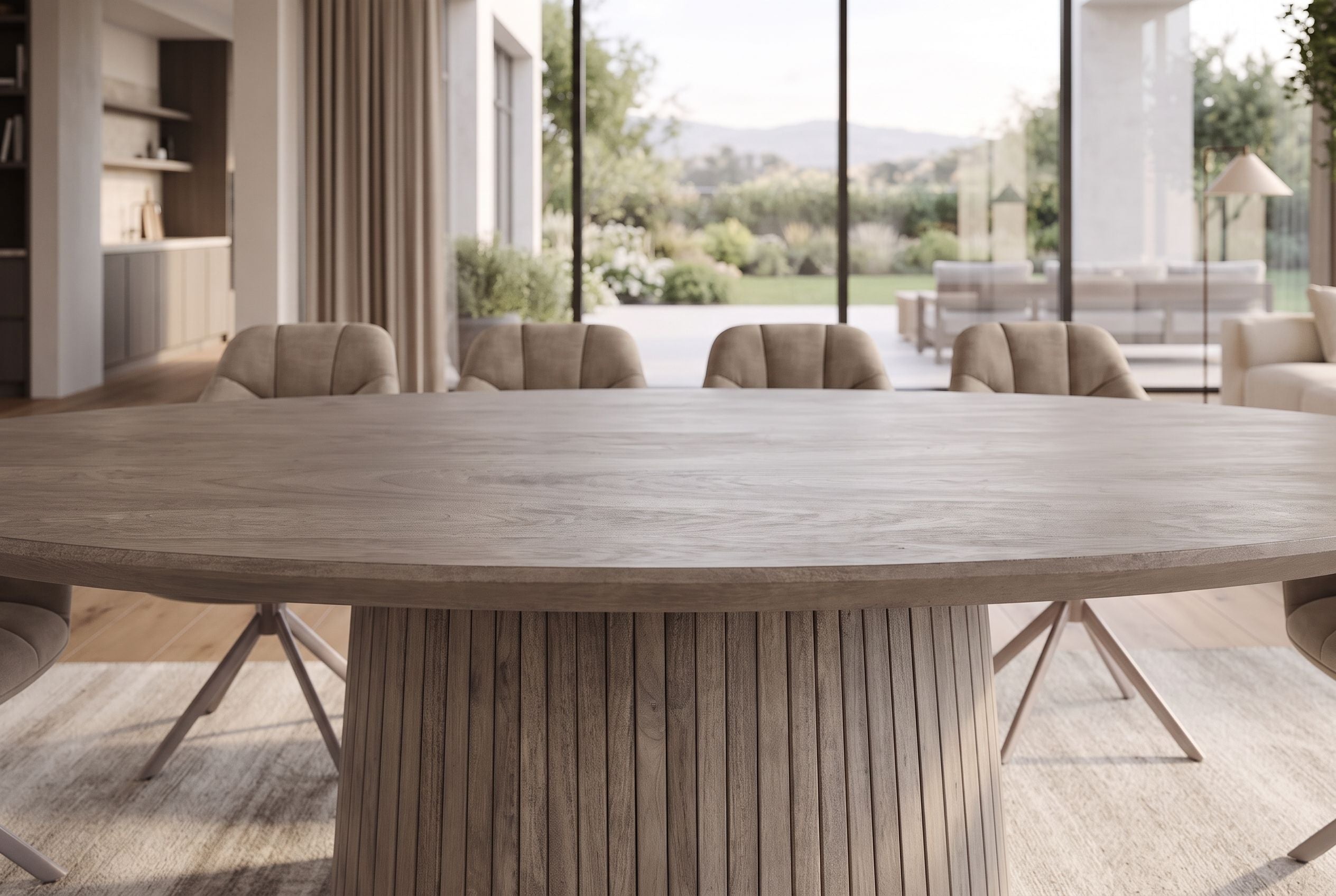 Table à manger ovale ART DECO 220cm en manguier massif gris fumé avec piètement colonne