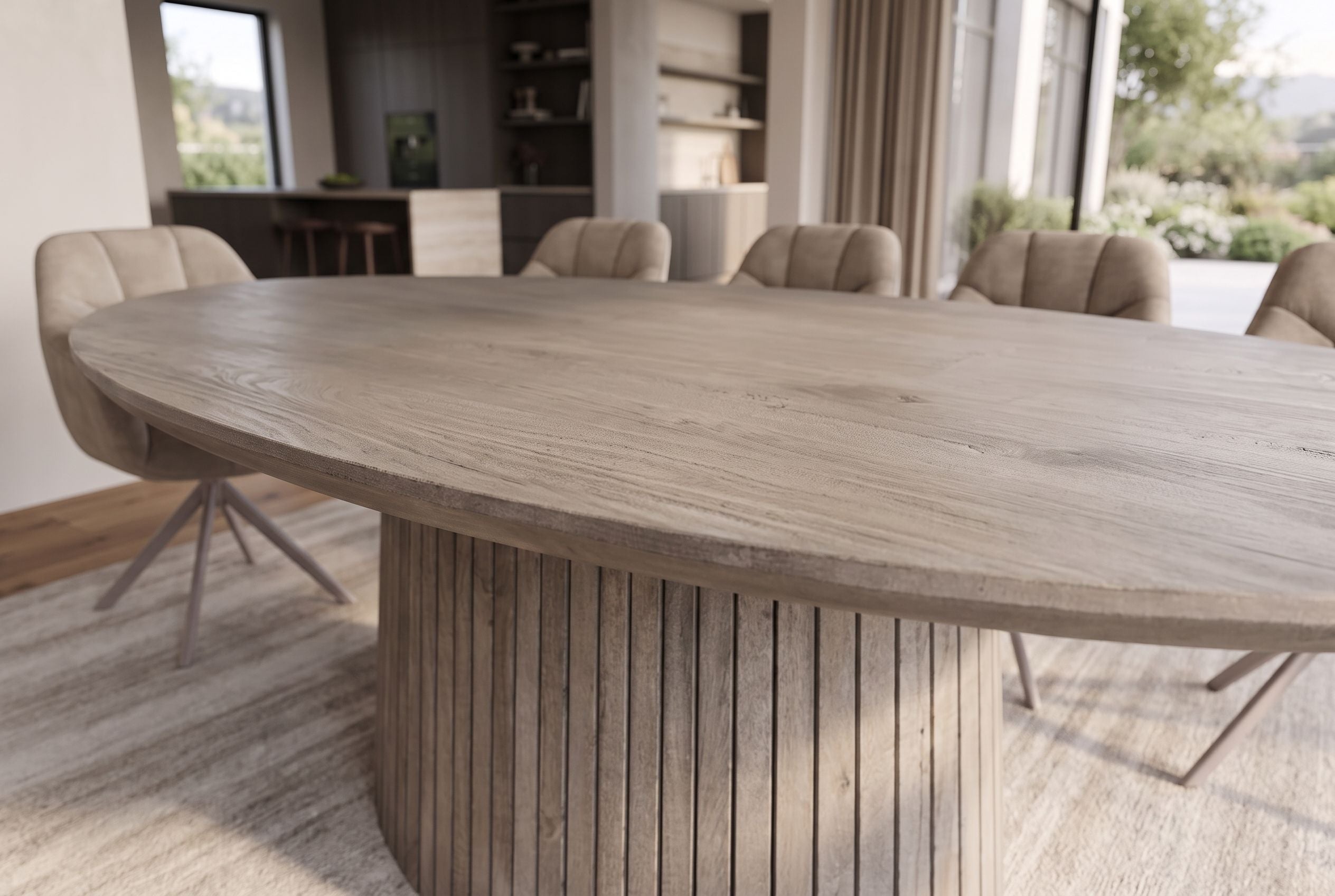 Table à manger ovale ART DECO 220cm en manguier massif gris fumé avec piètement colonne