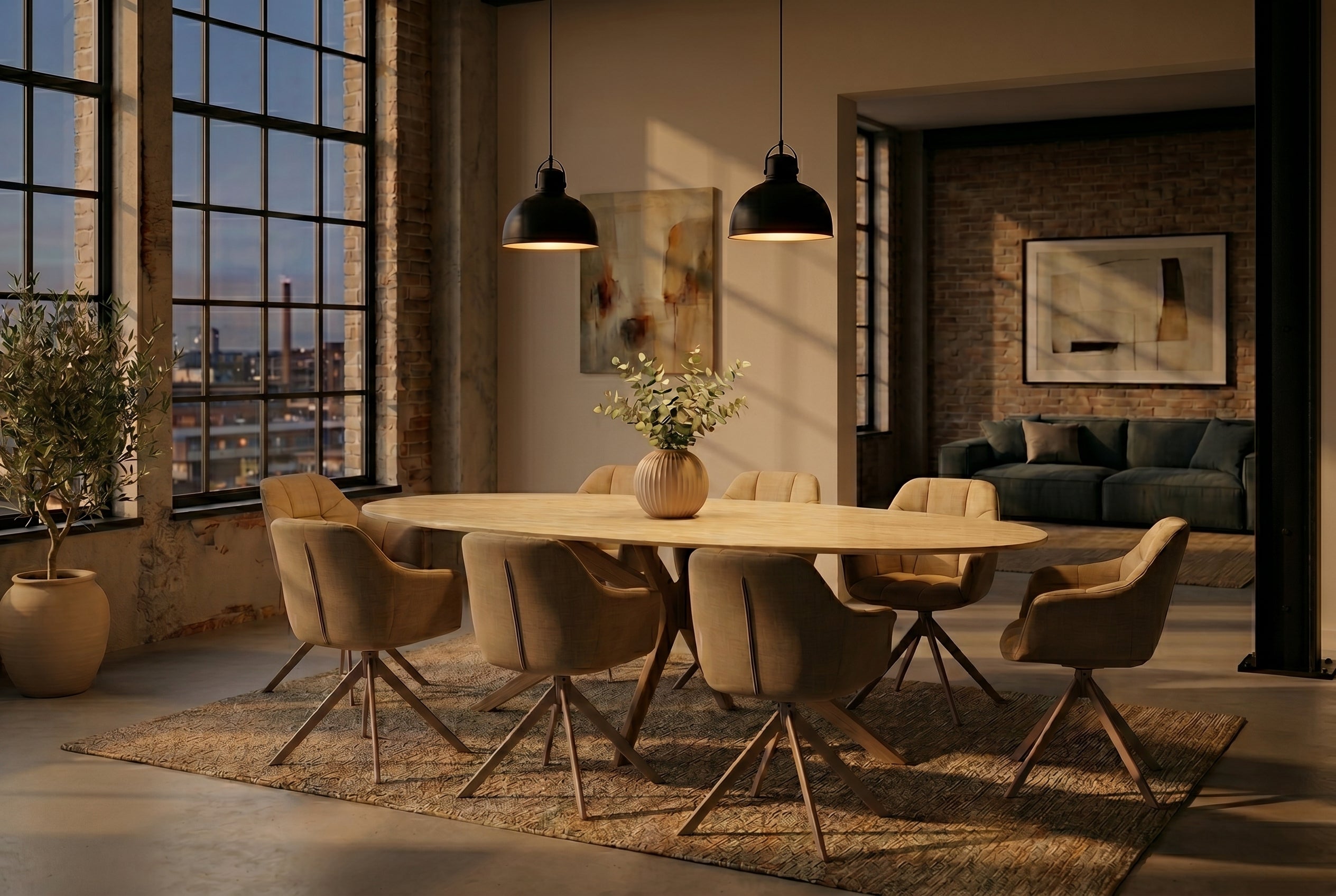 Table à manger ovale SCULPTURE 220cm céramique travertin naturel métal grège champagne