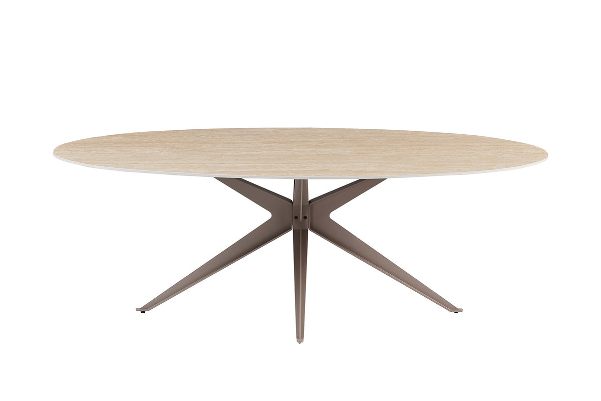 Table à manger ovale SCULPTURE 220cm céramique travertin naturel métal grège champagne