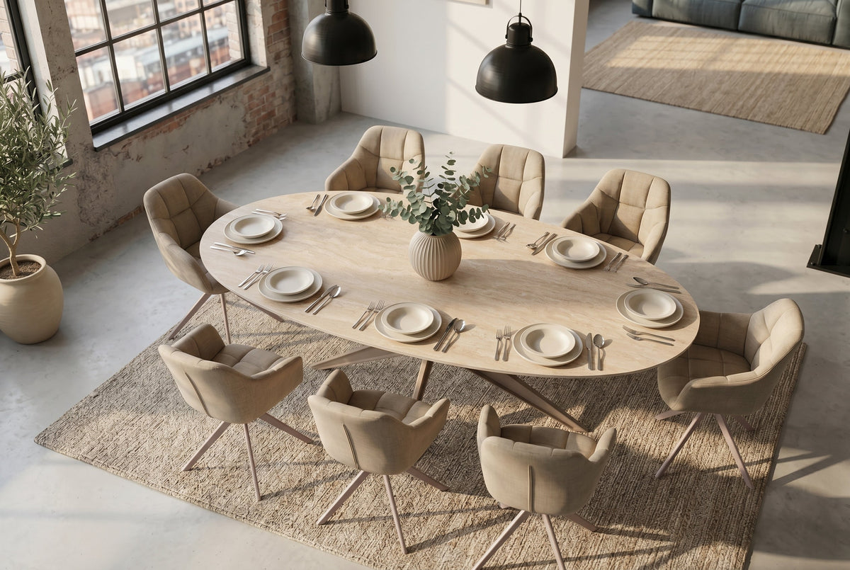Table à manger ovale SCULPTURE 220cm céramique travertin naturel métal grège champagne