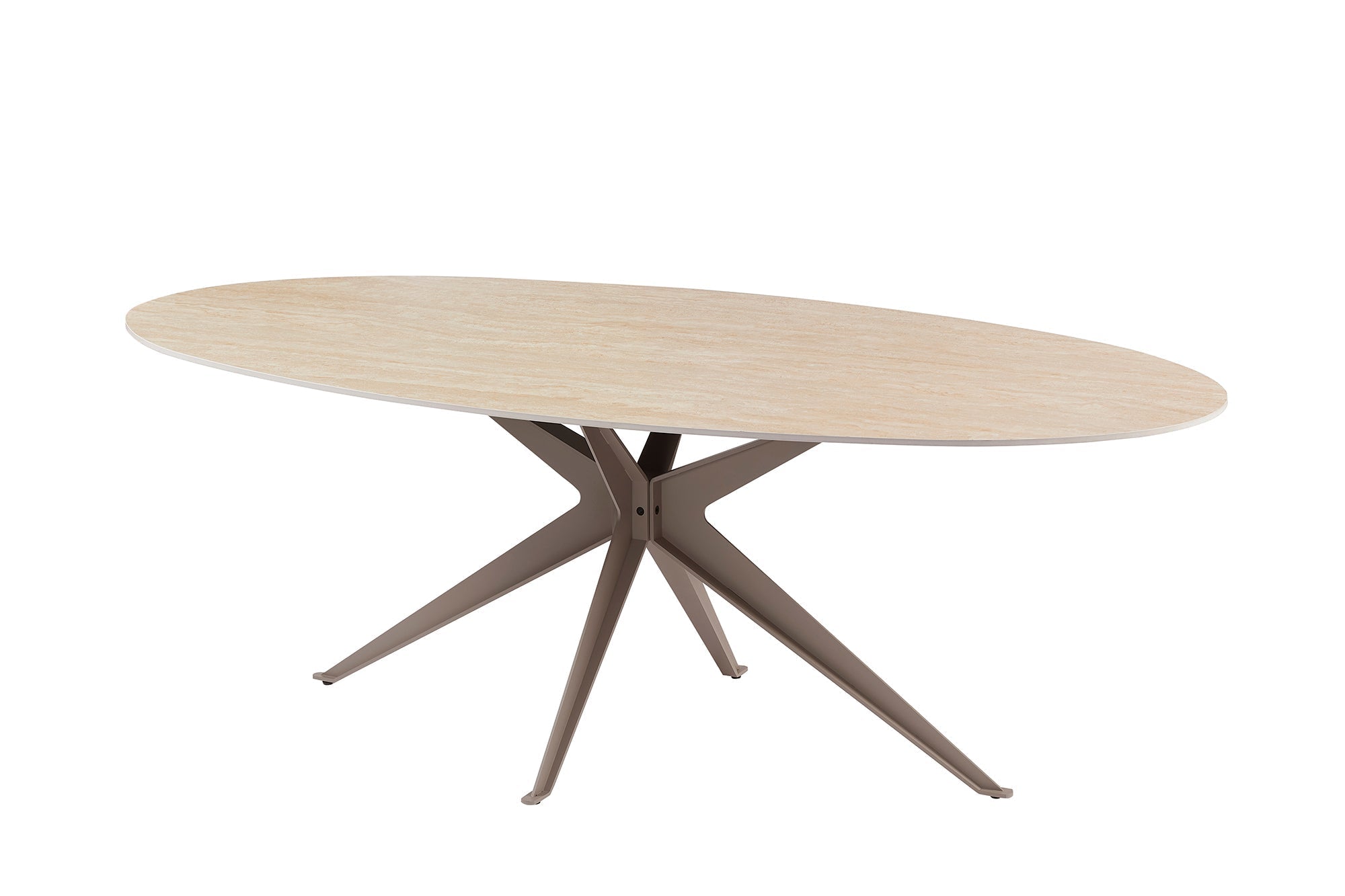 Table à manger ovale SCULPTURE 220cm céramique travertin naturel métal grège champagne