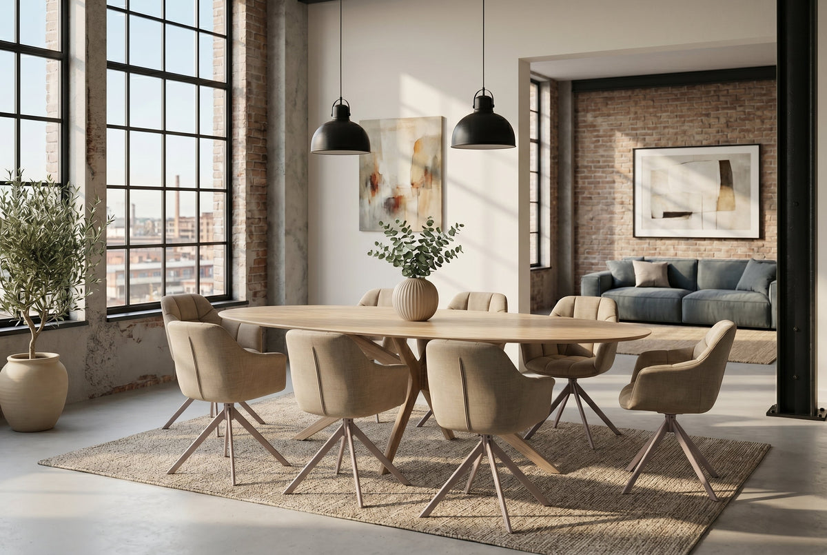 Table à manger ovale SCULPTURE 220cm céramique travertin naturel métal grège champagne