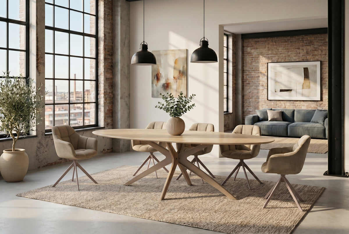 Table à manger ovale SCULPTURE 220cm céramique travertin naturel métal grège champagne