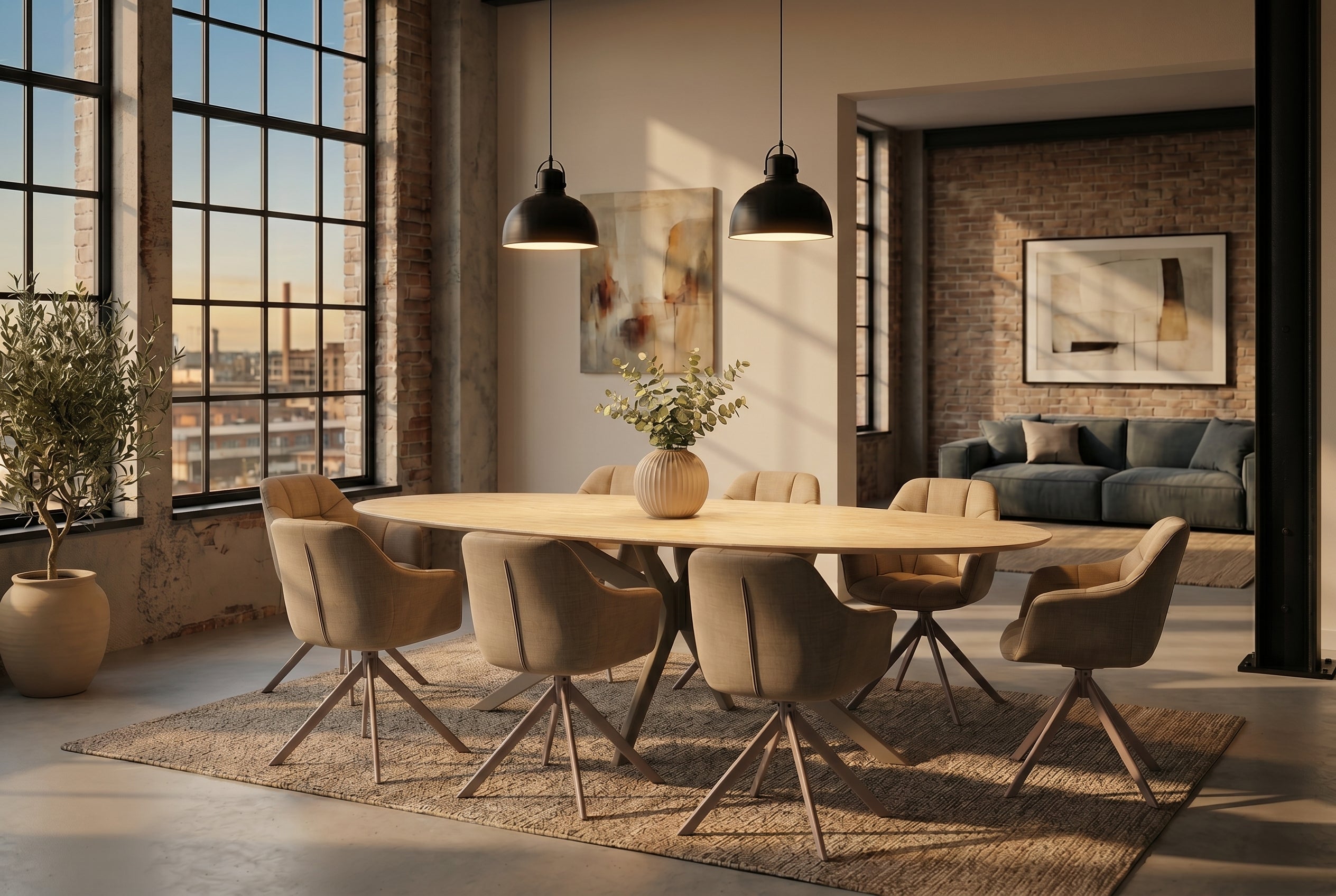 Table à manger ovale SCULPTURE 220cm céramique travertin naturel métal grège champagne